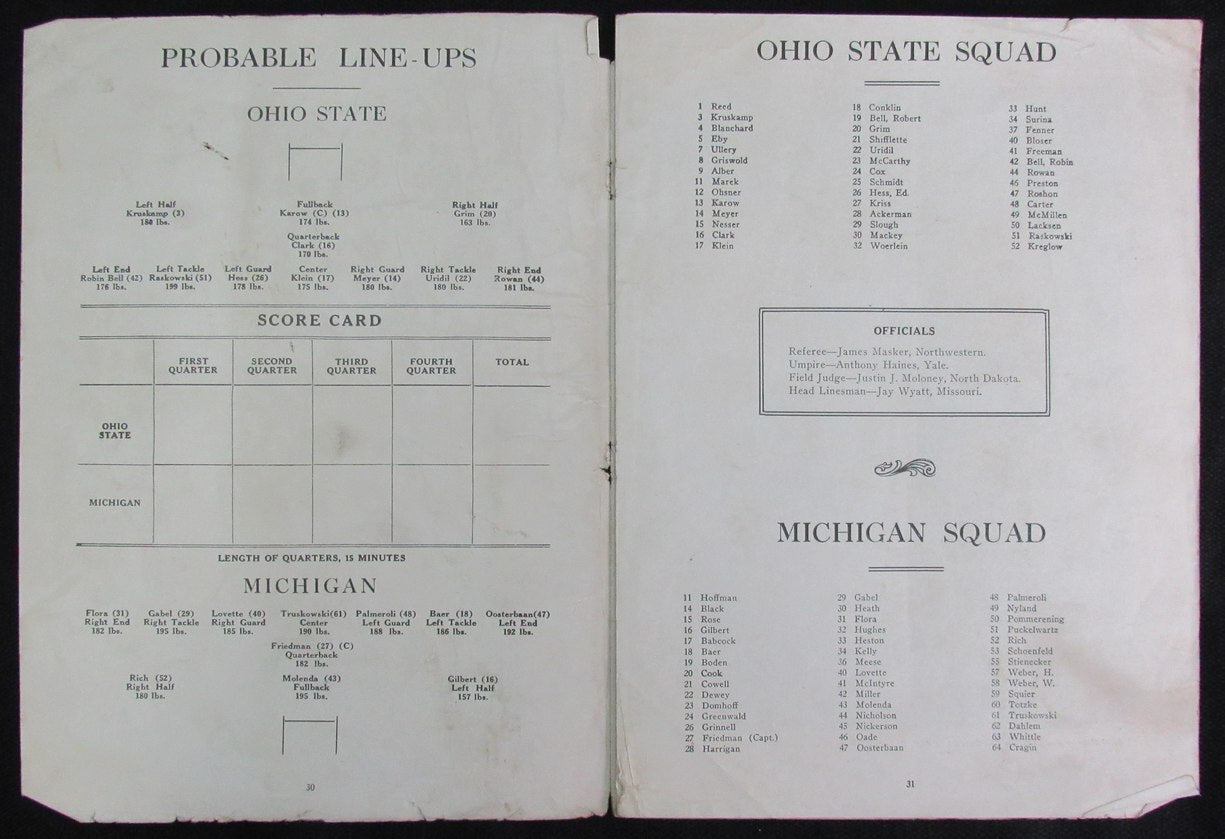 1926 Michigan Vs. Ohio State The Game Scorecard