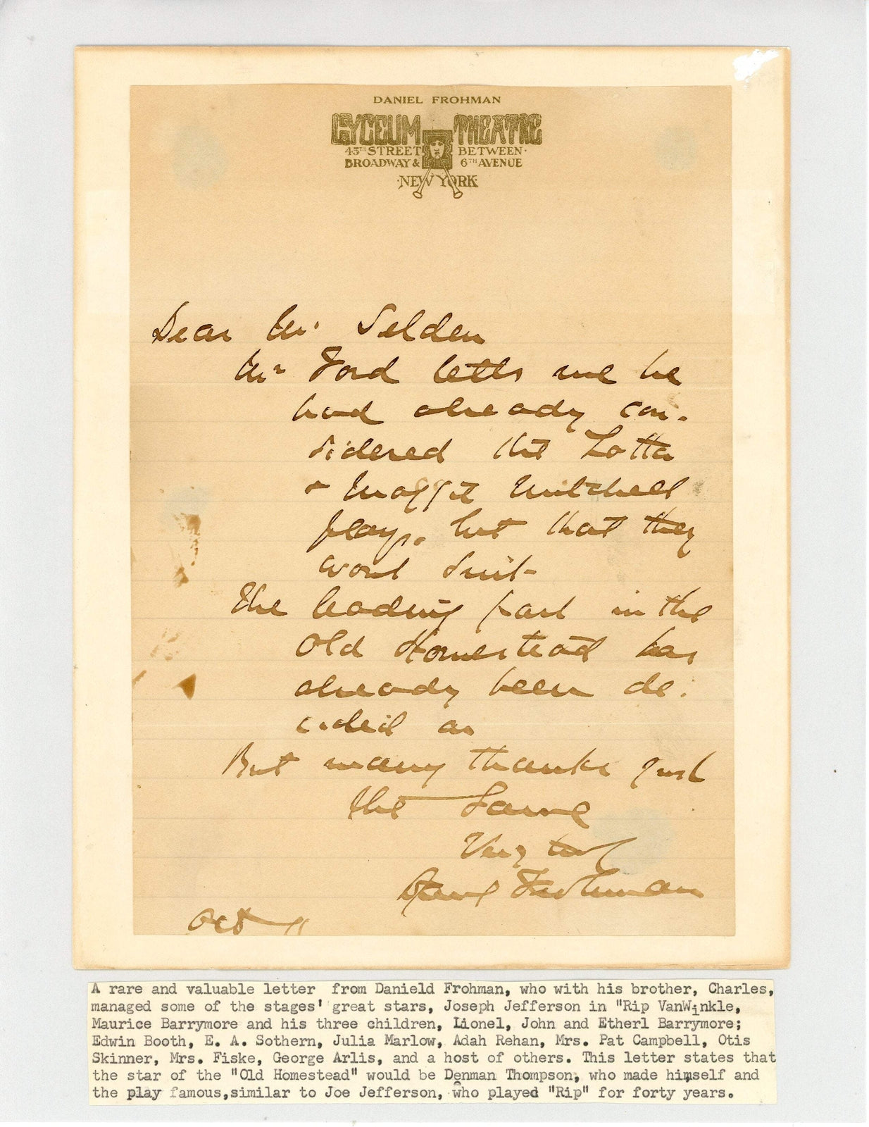 Daniel Frohman Autographed Letter