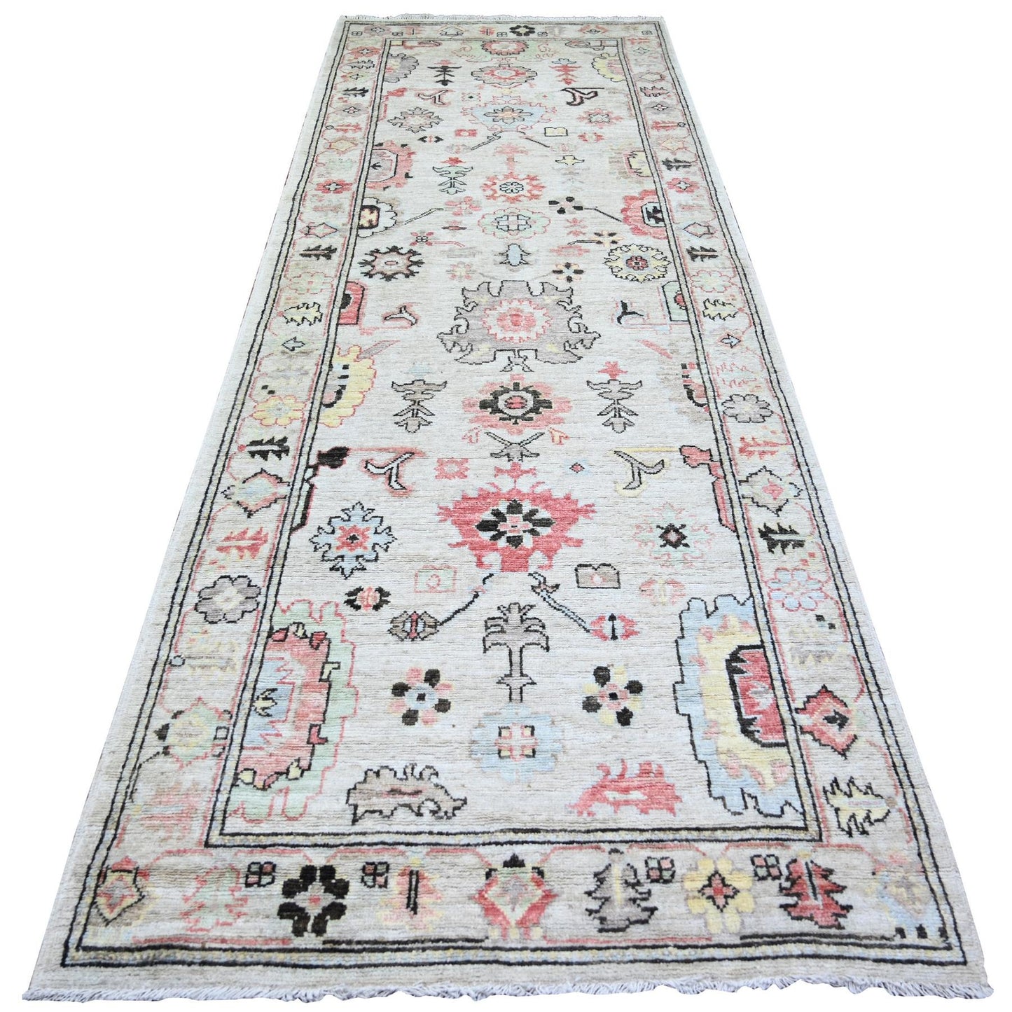 4'2"X11'8" Gray Wool Hand Knotted Afghan Angora Oushak Runner Rug