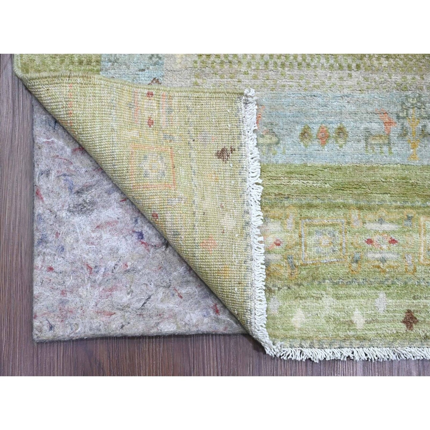 2'8"X14'8" Green Kashkuli Animal Figurines Wool Hand Knotted Runner Rug