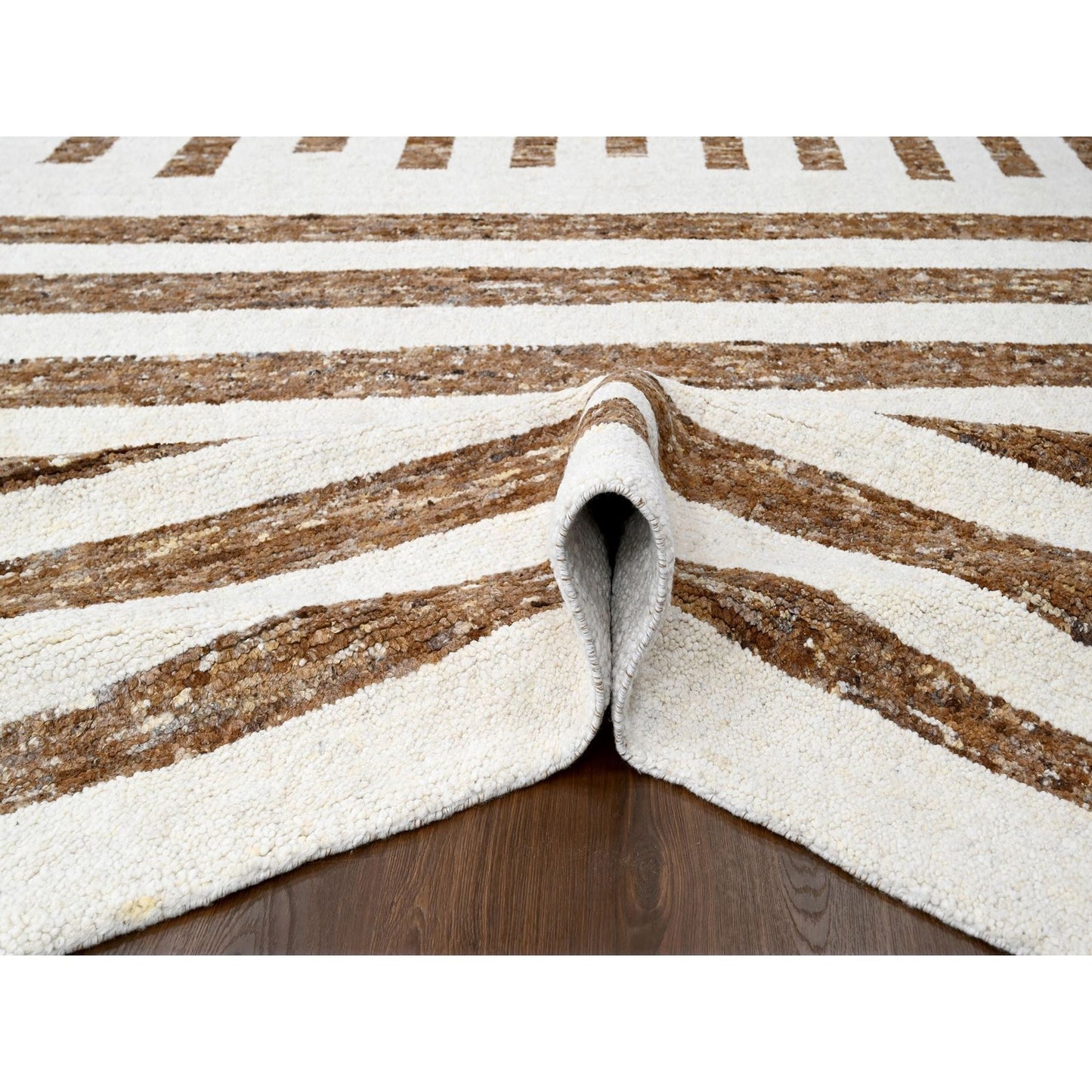 12'1"X17'9" Brown Wool Minimalist Stripe Design Hand Knotted Oriental Rug