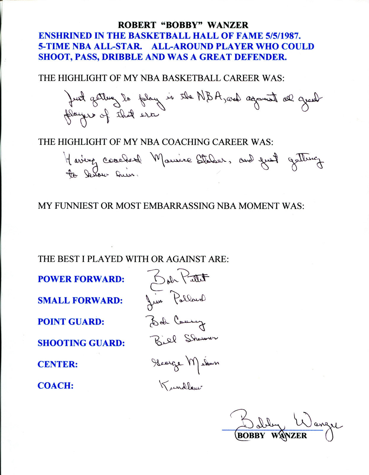 Bobby Wanzer Autographed Hand Filled Out Survey