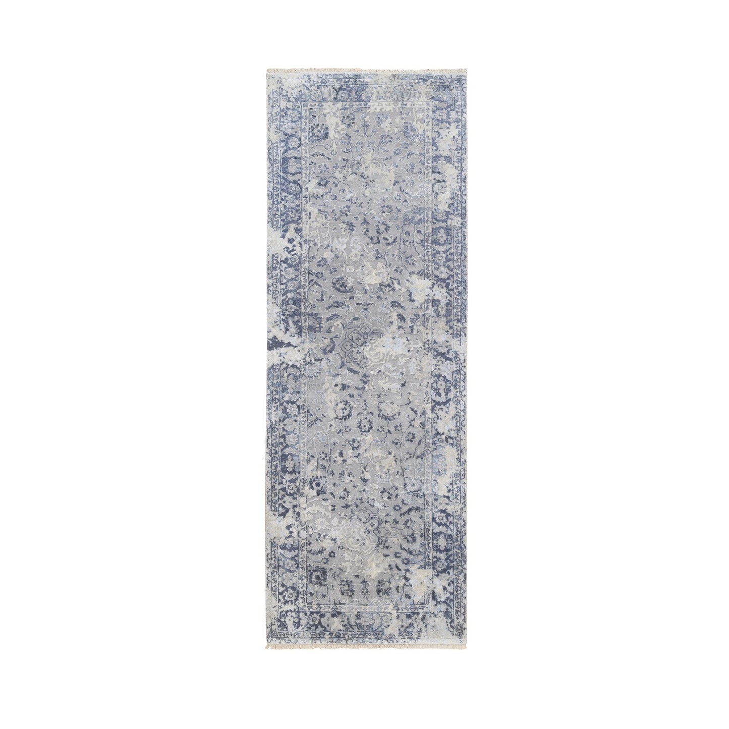 2'8"X7'8" Hand Knotted Gray Broken Kishoon Design Wool/Silk Runner Rug