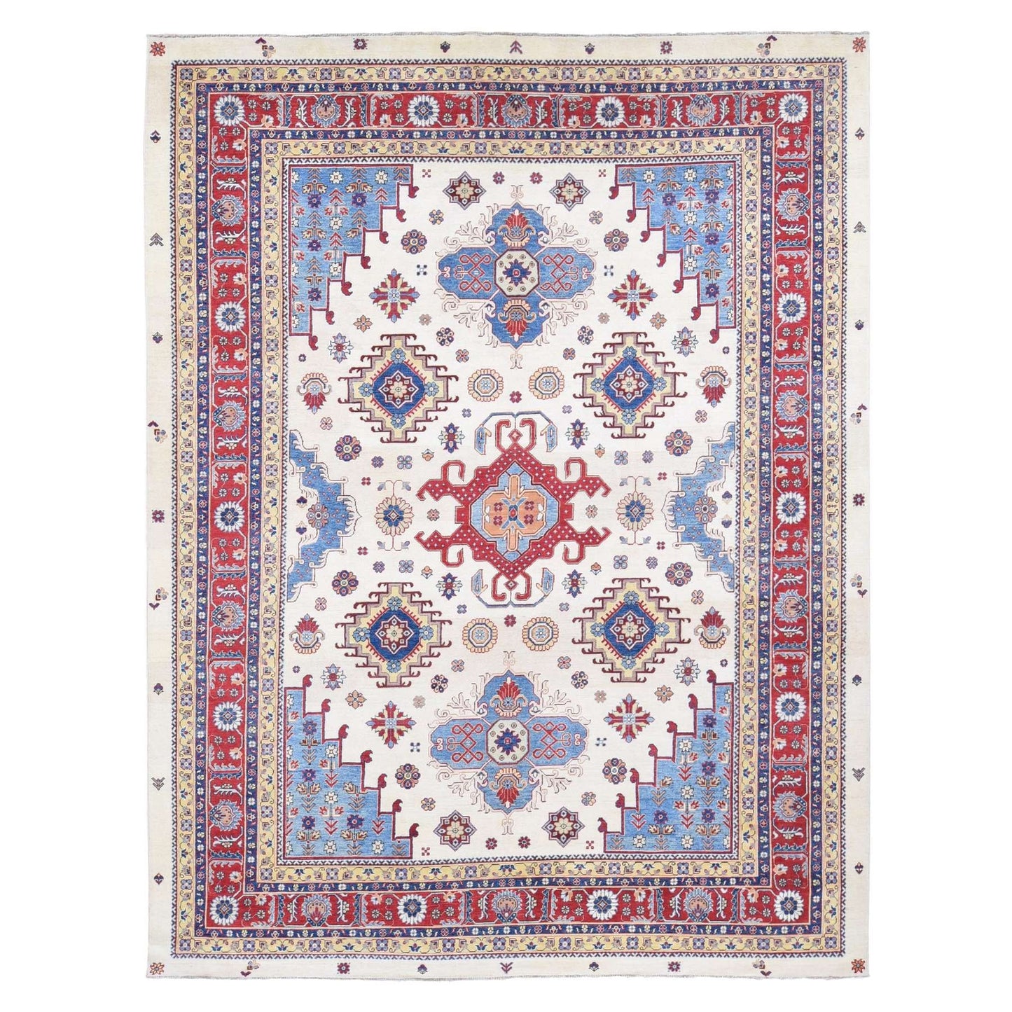10'X13'3" Ivory Special Kazak With Geometric Design Wool Hand Knotted Rug