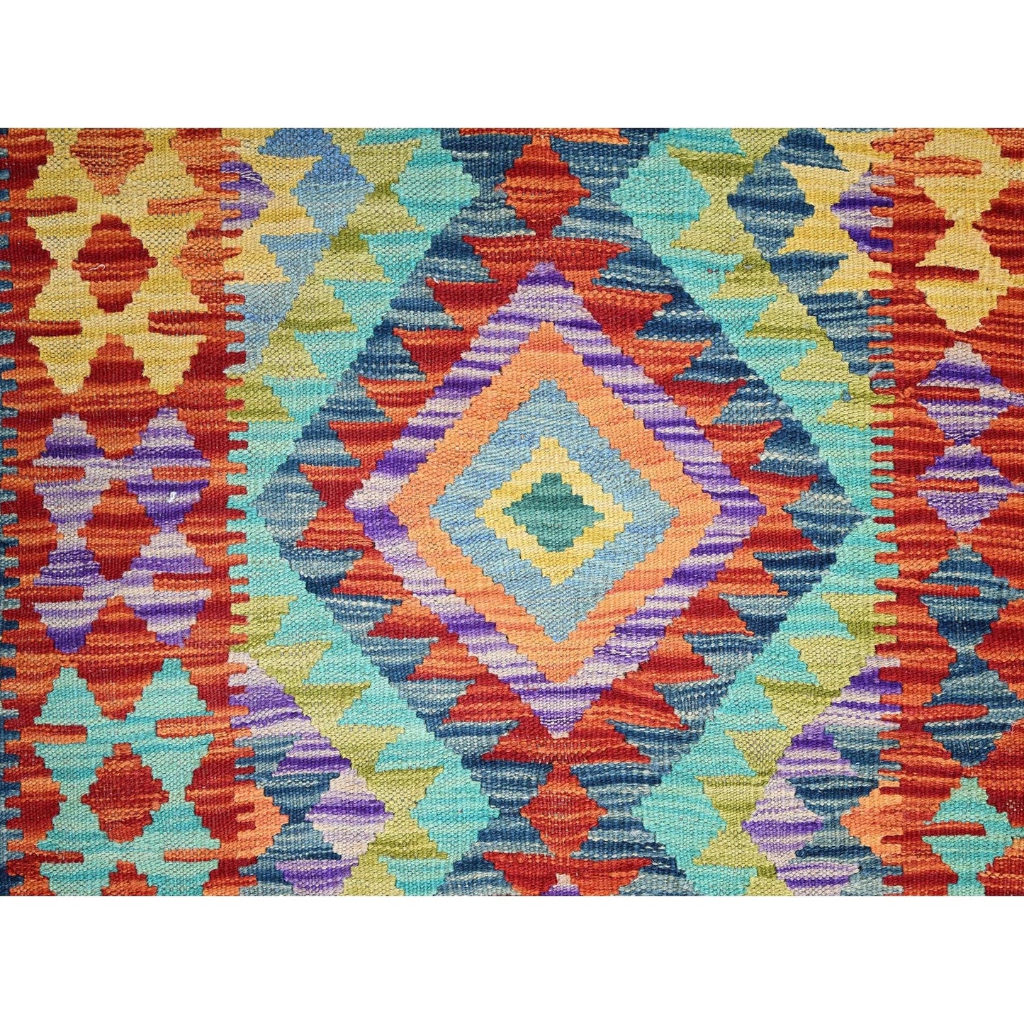 2'9"X12'9" Aqua Blue Flat Weave Afghan Kilim Hand Woven Wool Runner Rug