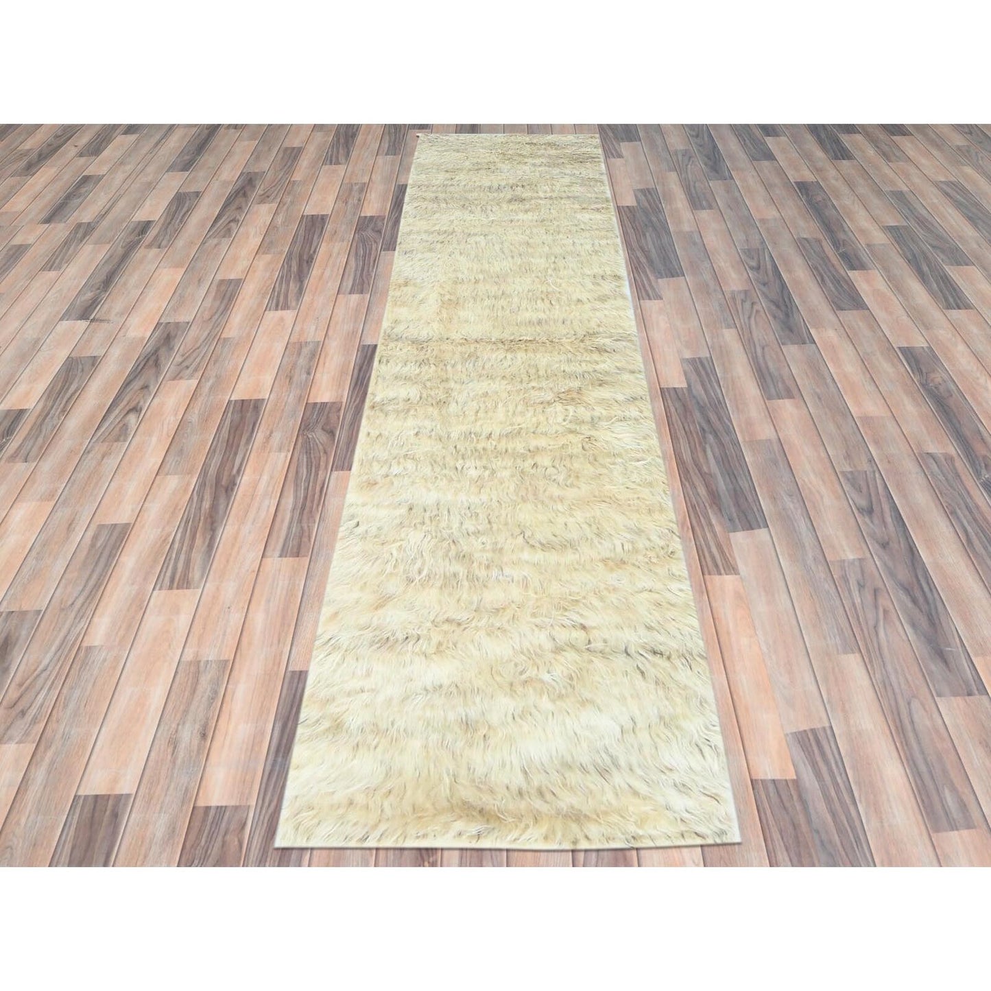 2'6"X10' Beige Wool Hand Knotted Shaggy Moroccan Oriental Runner Rug