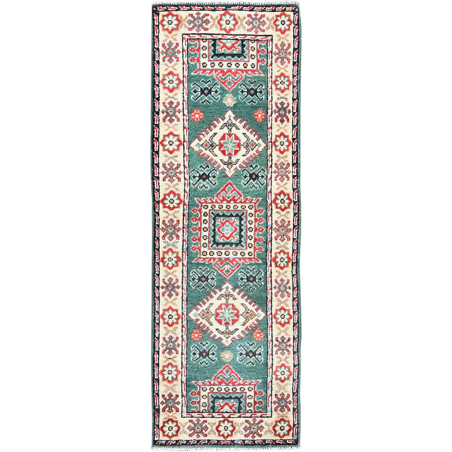2'X5'10" Green Kazak With Geometric Design All Wool Hand Knotted Runner Rug
