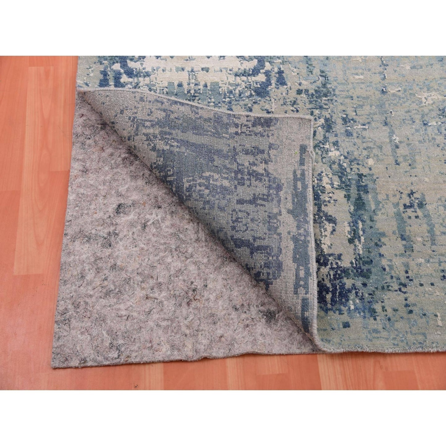 12'X12' Grotto Blue Abstract Design Silk And Wool Hand Knotted Square Rug