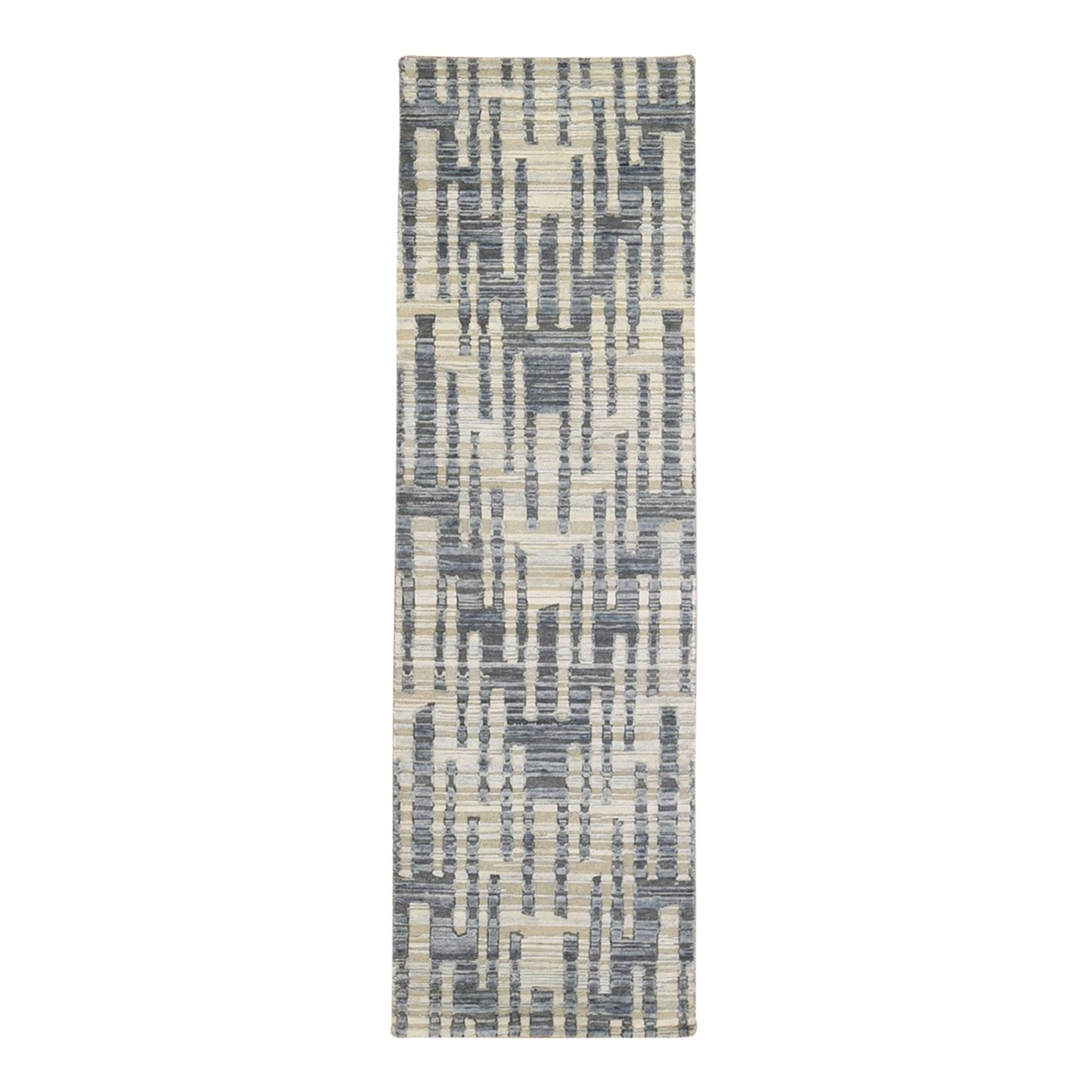2'6"X8'3" Blue Pure Silk And Textured Wool Wide Runner Hand Knotted Rug