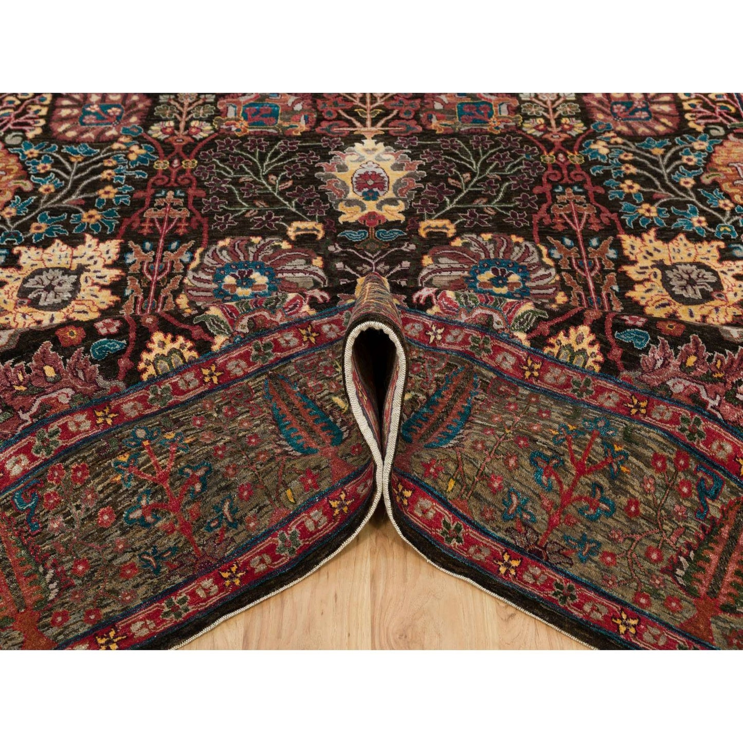 9'1"X12' Black Wool And Silk Hand Knotted Tebraz Vase Fine Oriental Rug