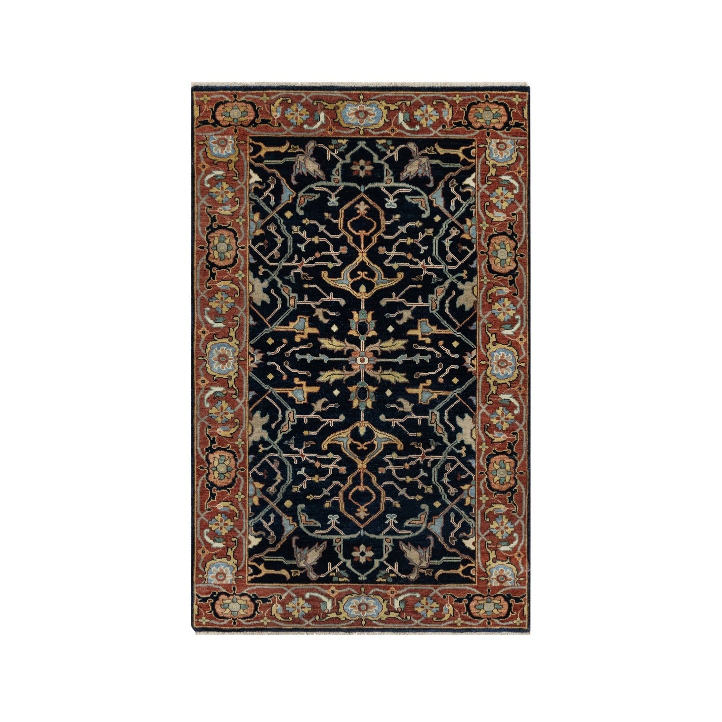 3'1"X5'2" Midnight Blue Organic Wool Antiqued Fine Heris Hand Knotted Rug