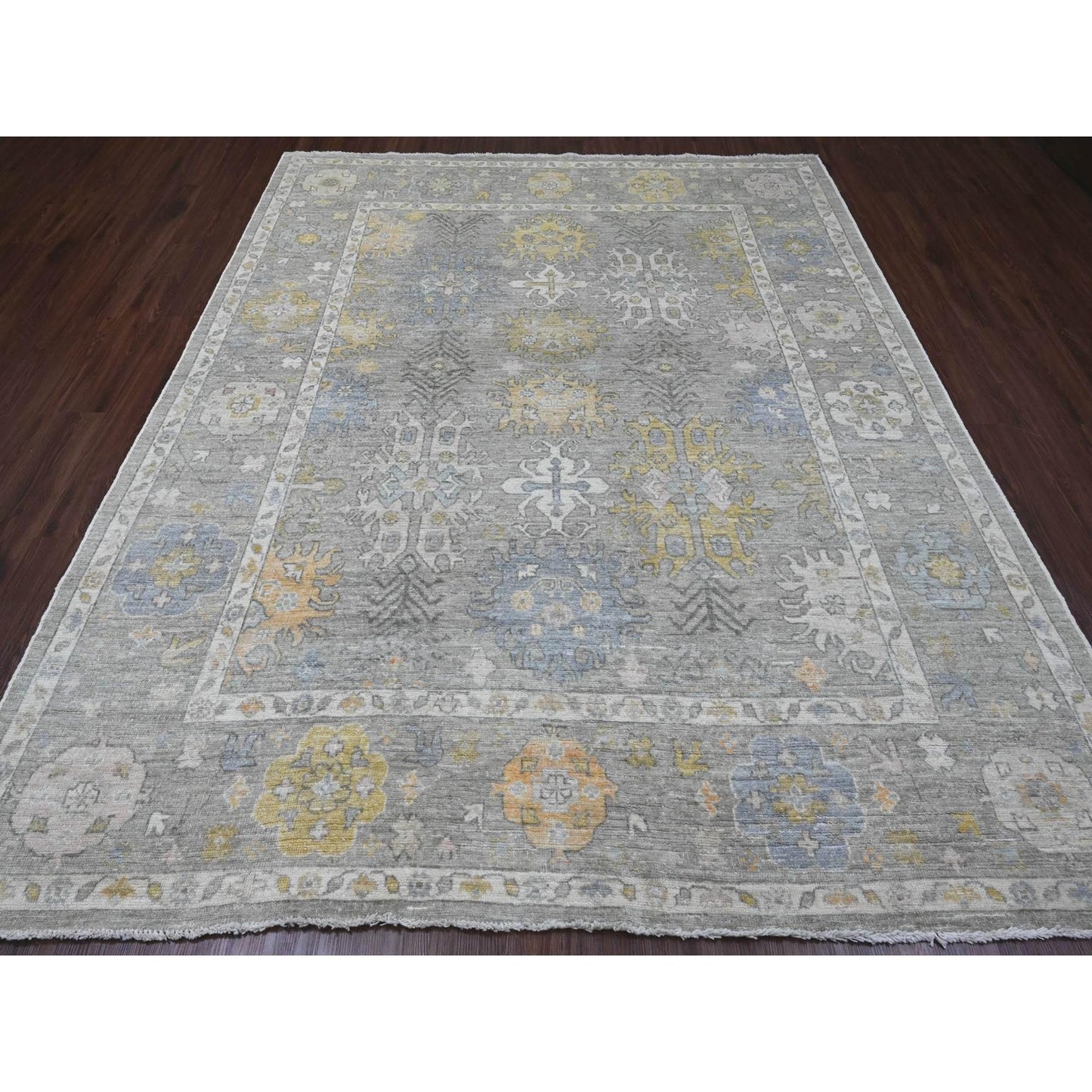 8'X9'7" Gray Afghan Angora Oushak Leaf Pattern Hand Knotted Pure Wool Rug