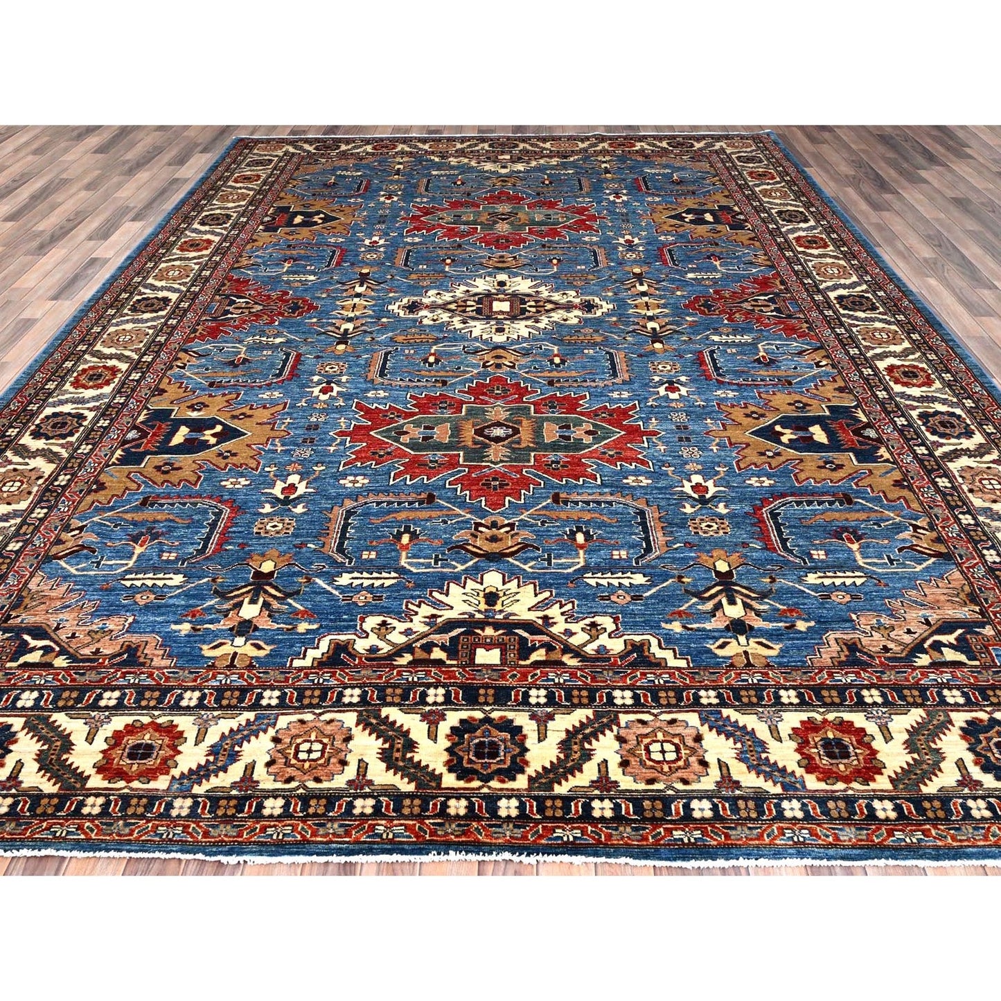 10'X13'4" Coronet Blue Vibrant Wool Super Kazak Hand Knotted Oriental Rug