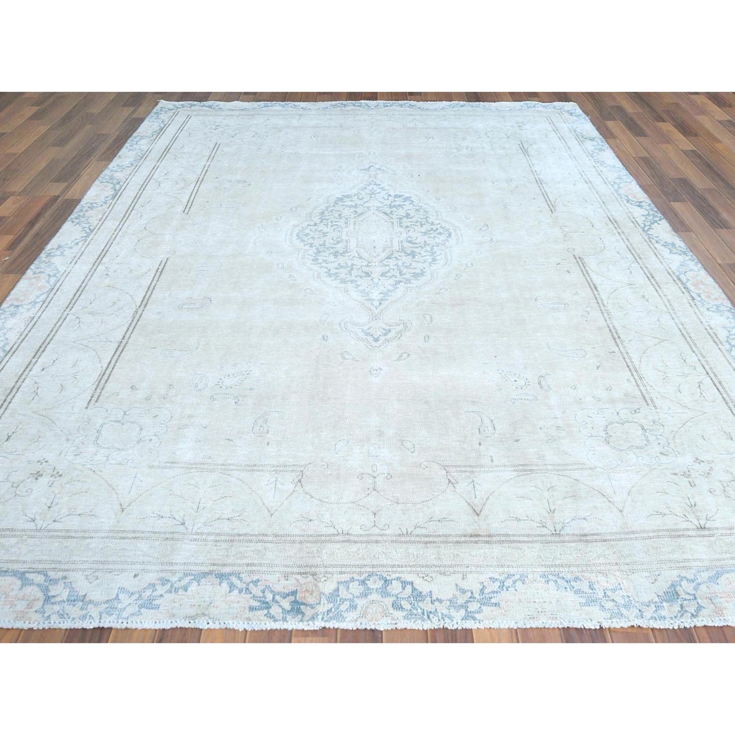 8'3"X11'1" Hand Knotted Ivory Vintage Farsian Karman Worn Wool Rug