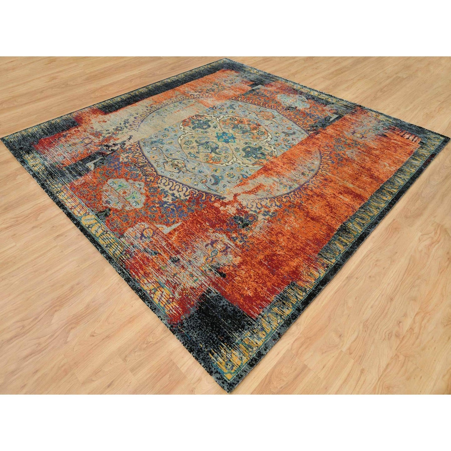 10'2"X10'2" Orange Wool Hand Knotted Ancient Ottoman Design Square Rug