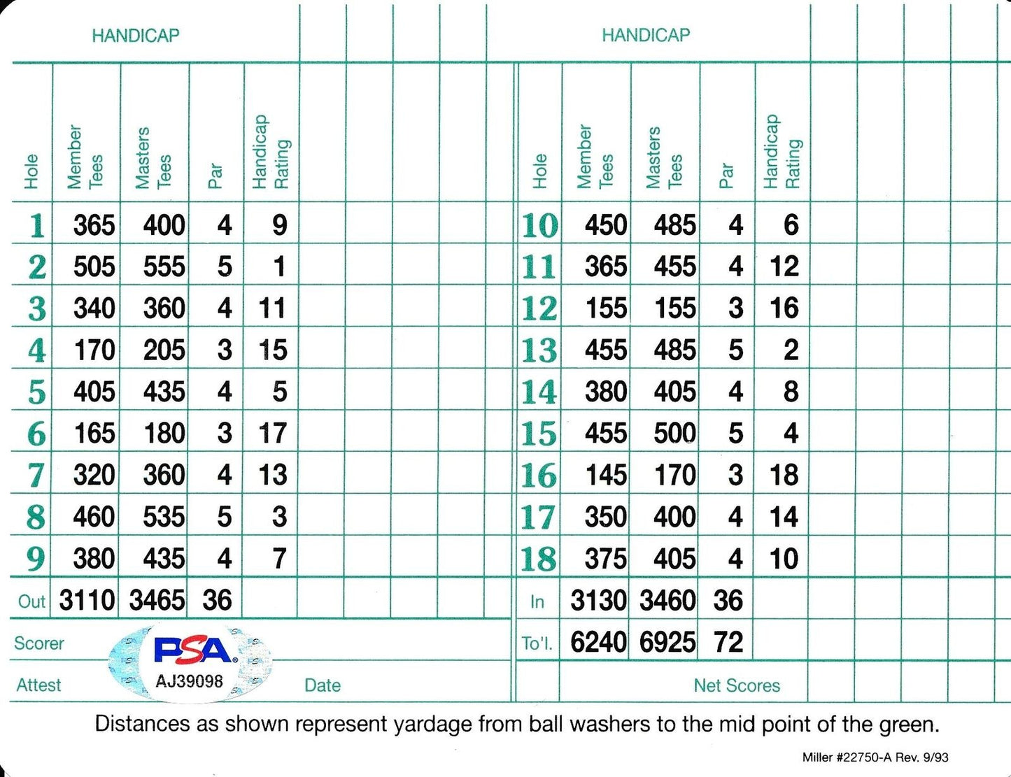 Jack Nicklaus Masters Signed/Autographed Augusta Score Card Psa/Dna 165475