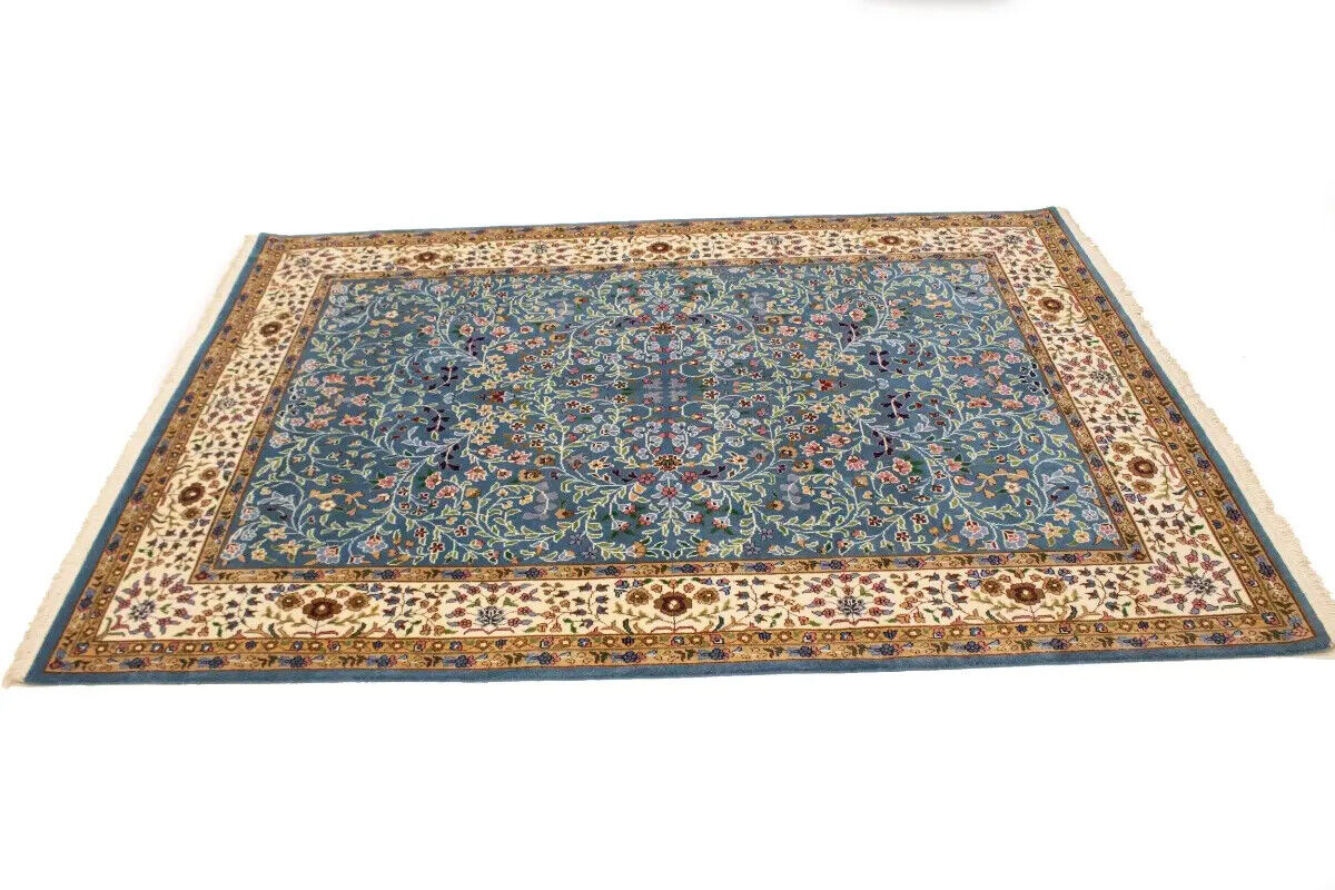 6X8 ft Hand-Knotted Teal Blue Kirman Oriental Rug