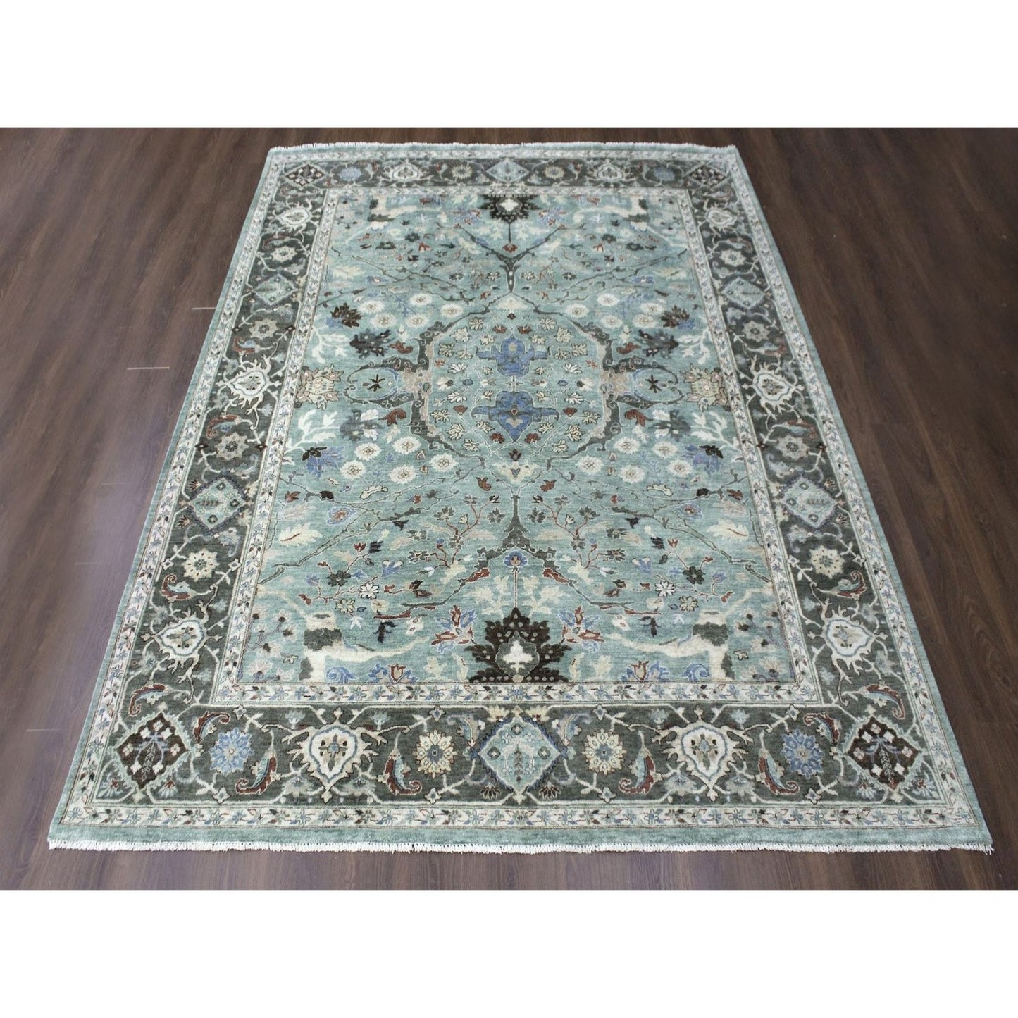 9'X11'9" Teal Green Hand Knotted Oushak With Floral Motifs Soft Wool Rug
