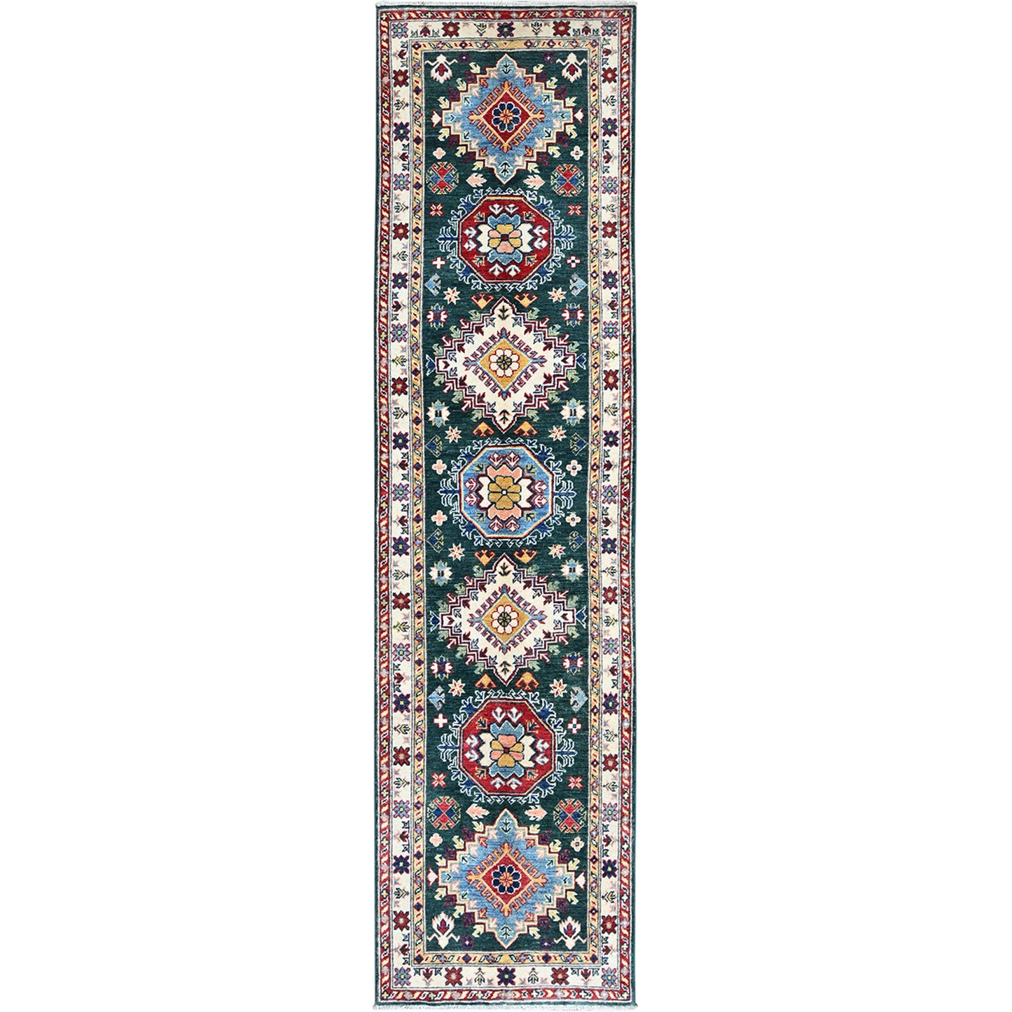 2'6"X9'9" Green Kazak With Medallions Design Wool Hand Knotted Runner Rug