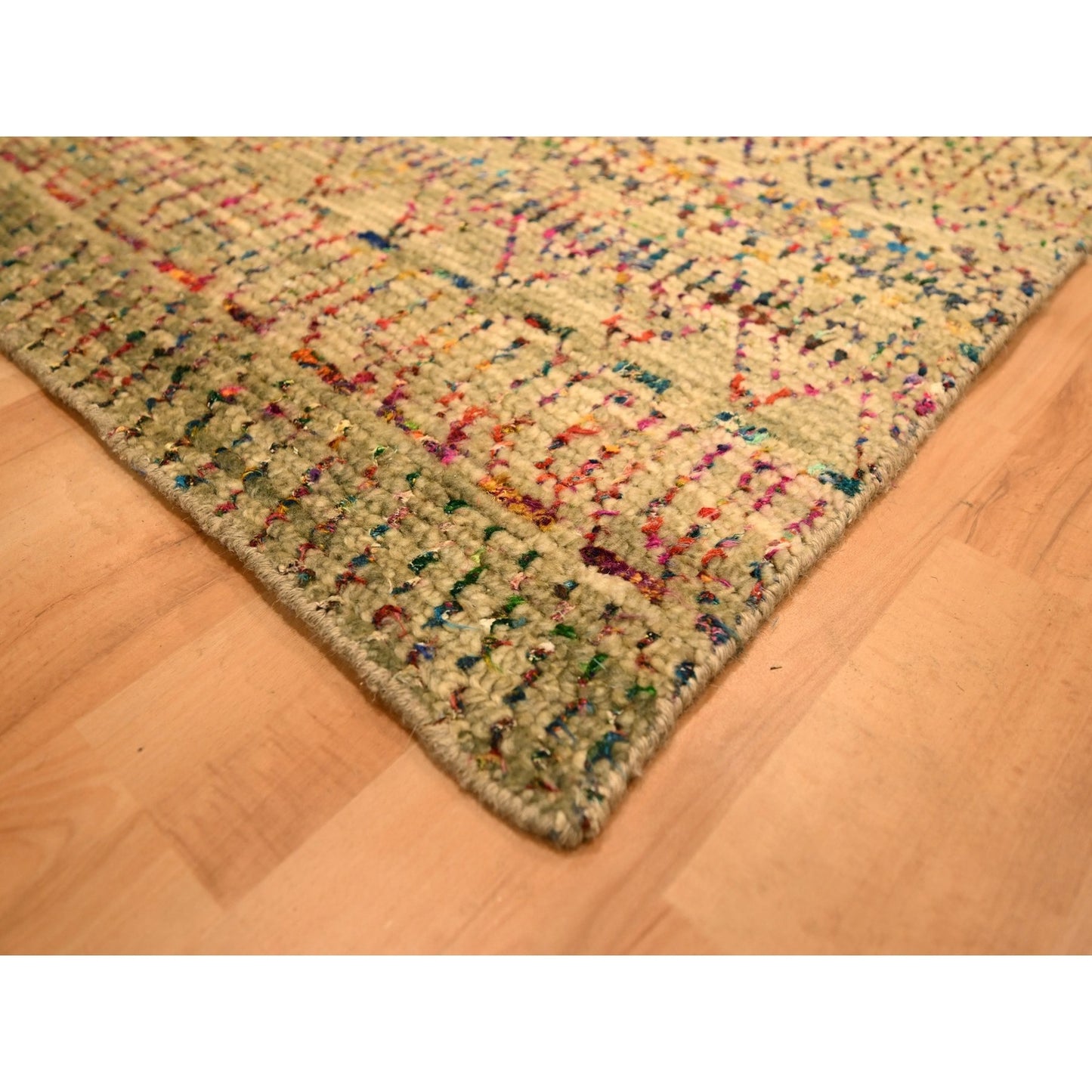 9'X12'3" Brown Sari Silk And Wool Geometric Design Hand Knotted Rug