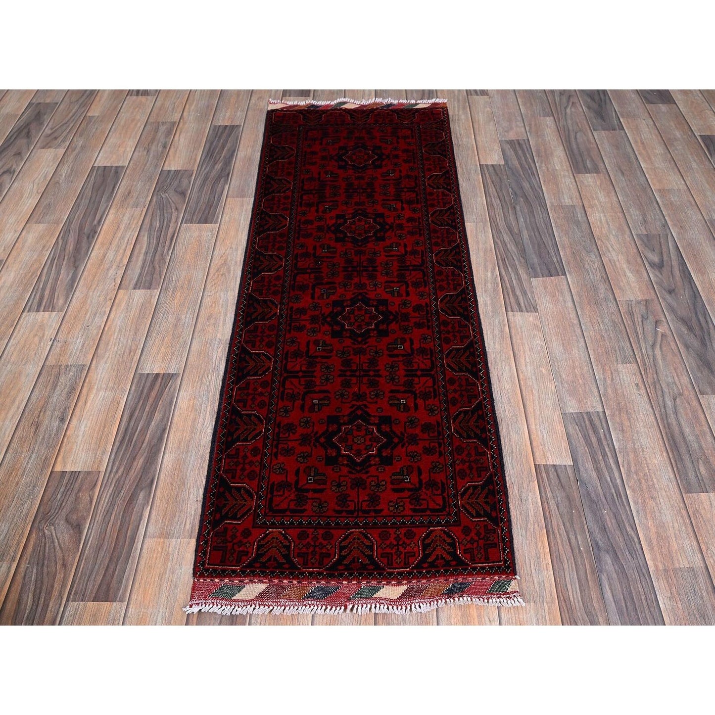1'9"X5' Red Afghan Khamyab Geometric Design Wool Hand Knotted Runner Rug