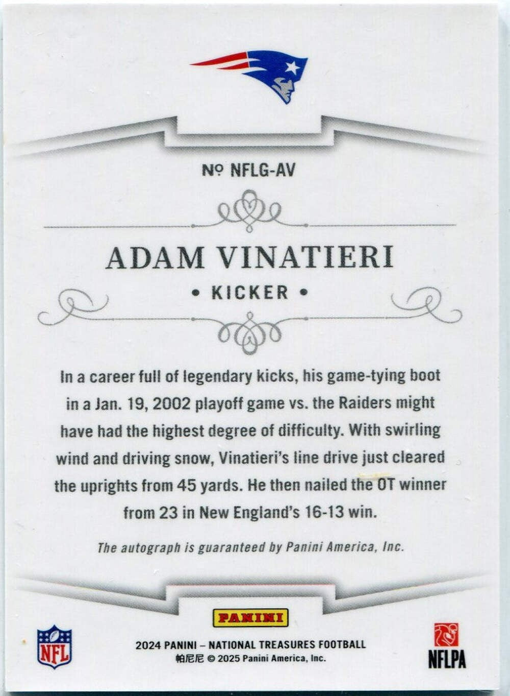 Adam Vinatieri 2024 Panini National Treasures Autographed Card #Nflg-Av 50/99