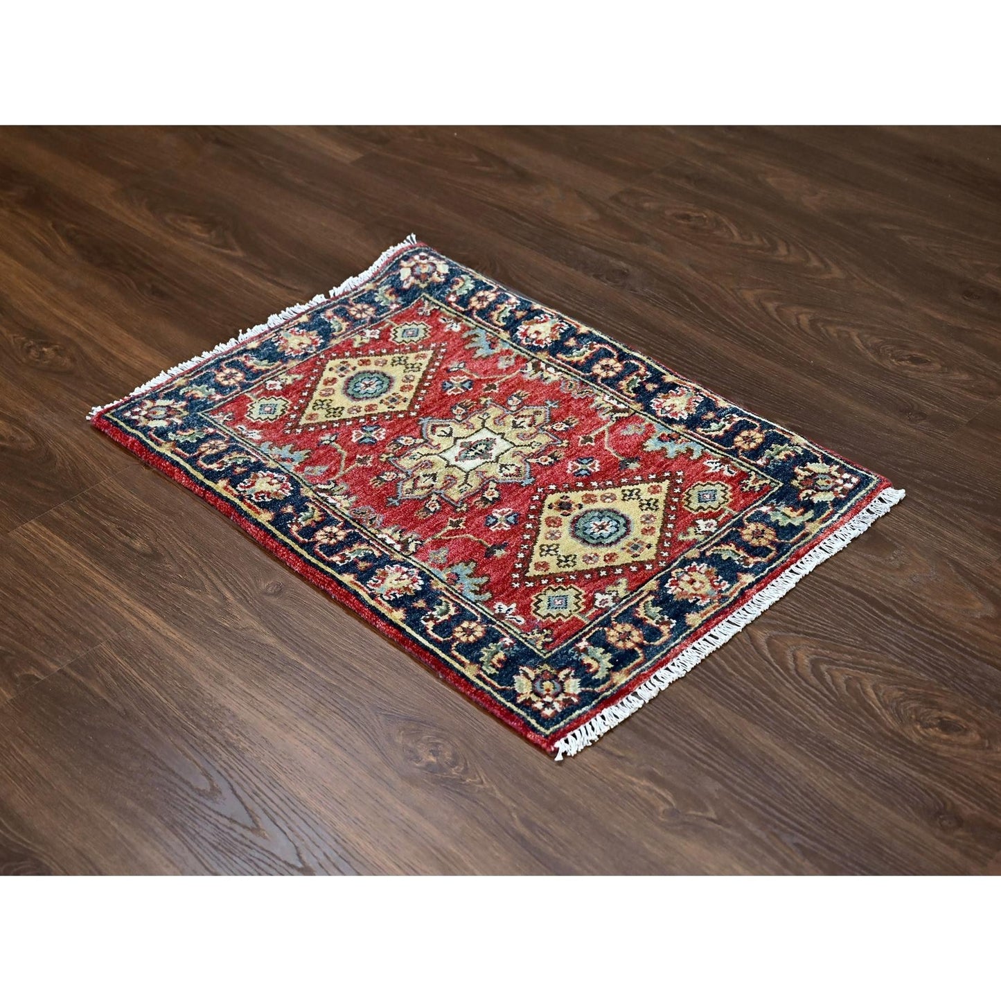 2'X3' Rich Red Karjihooz Geometric Medallions Wool Hand Knotted Mat Rug