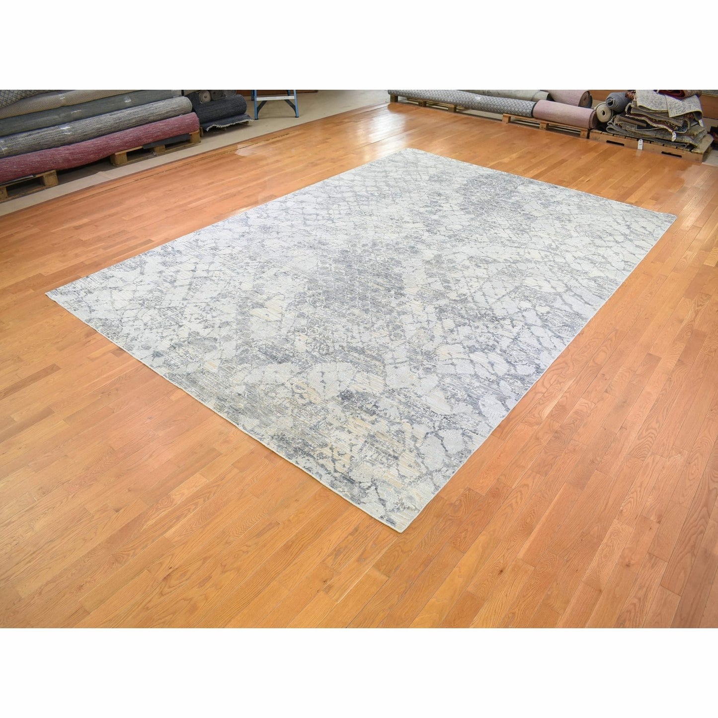 10'1"X14'2" Silk And Textured Wool Gray Hand Knotted Modern Design Rug