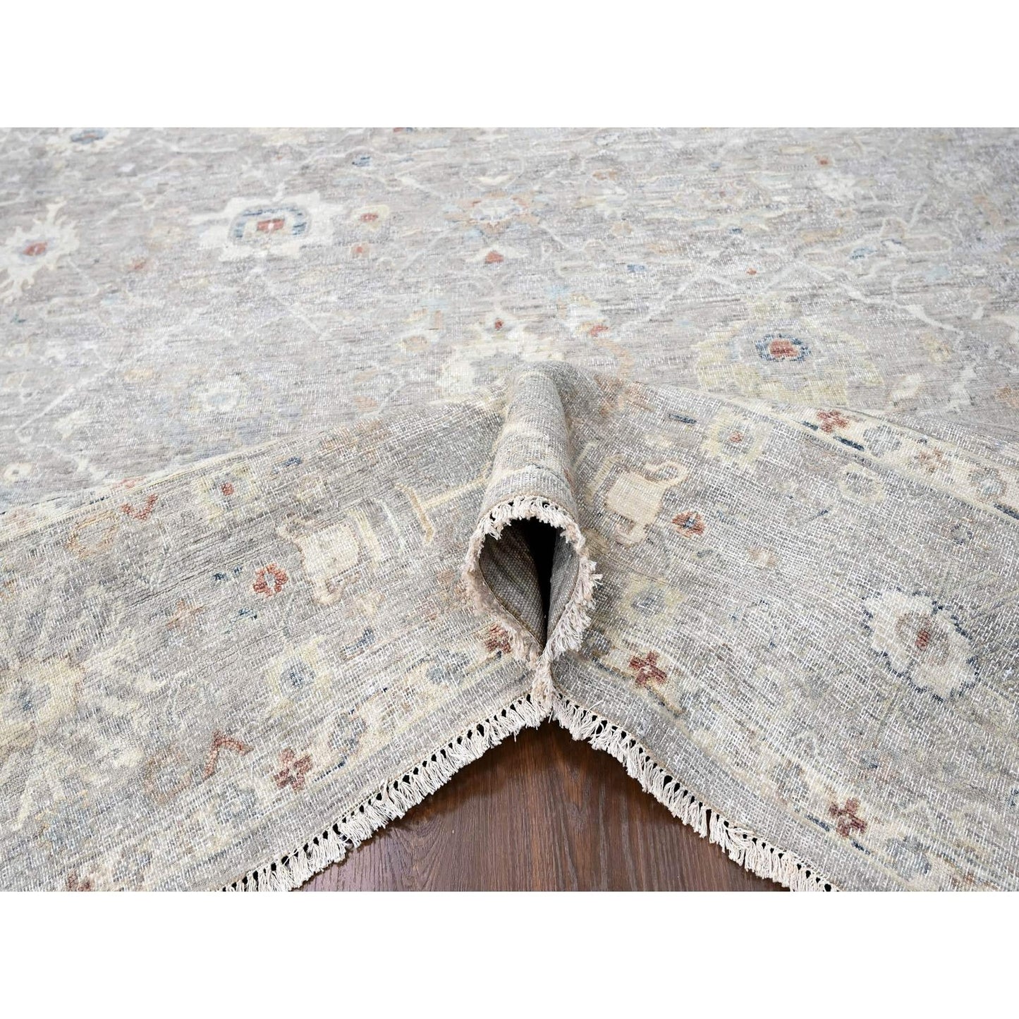 9'X11'9" Gray Antiqued Tebraz Design Zero Pile 100% Wool Hand Knotted Rug