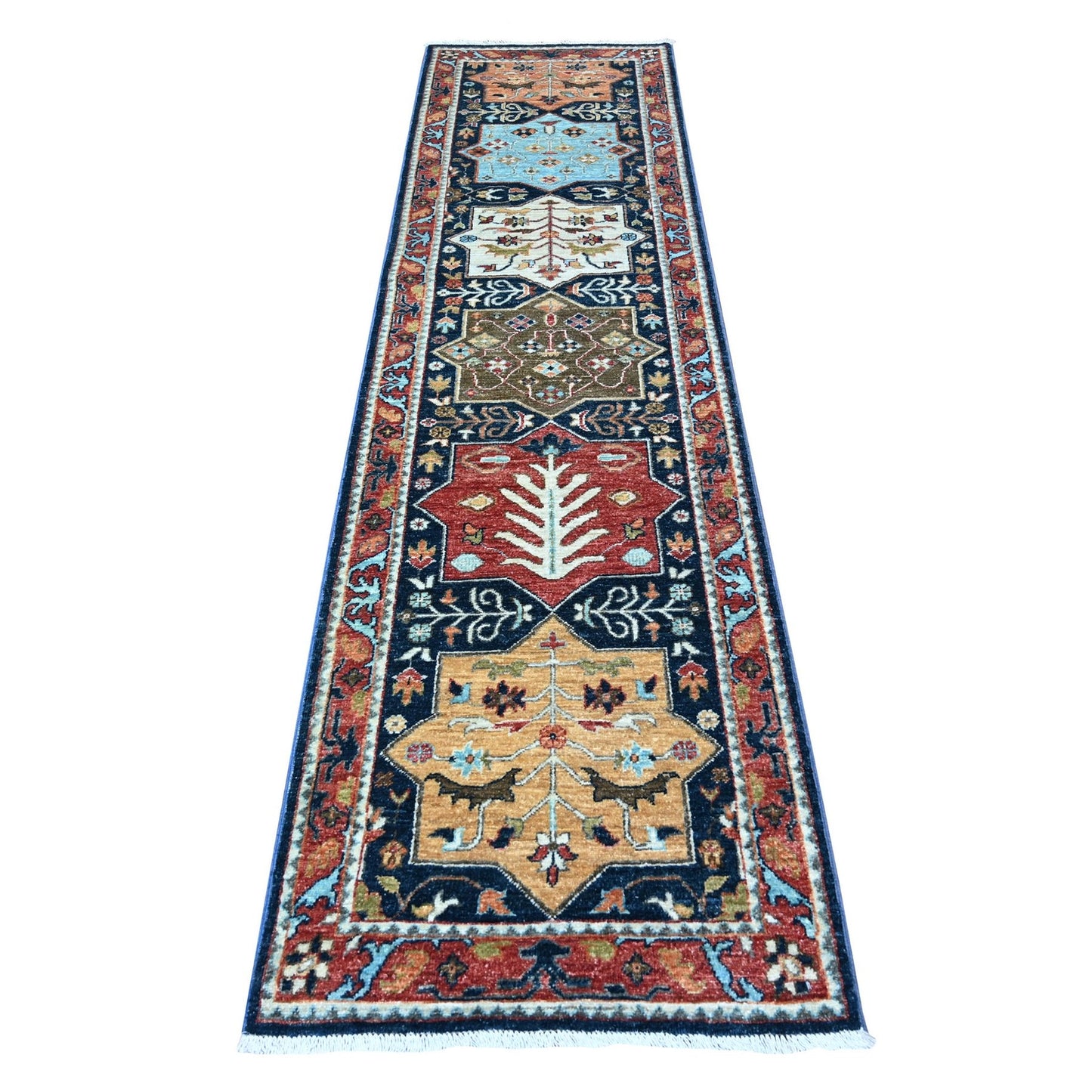 2'6"X9'8" Blue Fine Aryana Caucasian Ashtafa Hand Knotted Oriental Rug