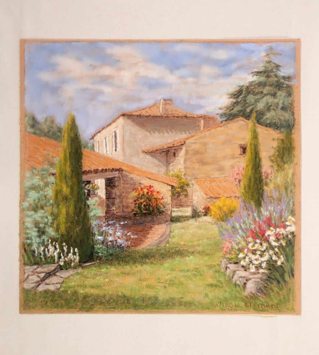 Nicole Clment Original Pastel "Jardin Ensoleill" (Sunny Garden) Signed 1999