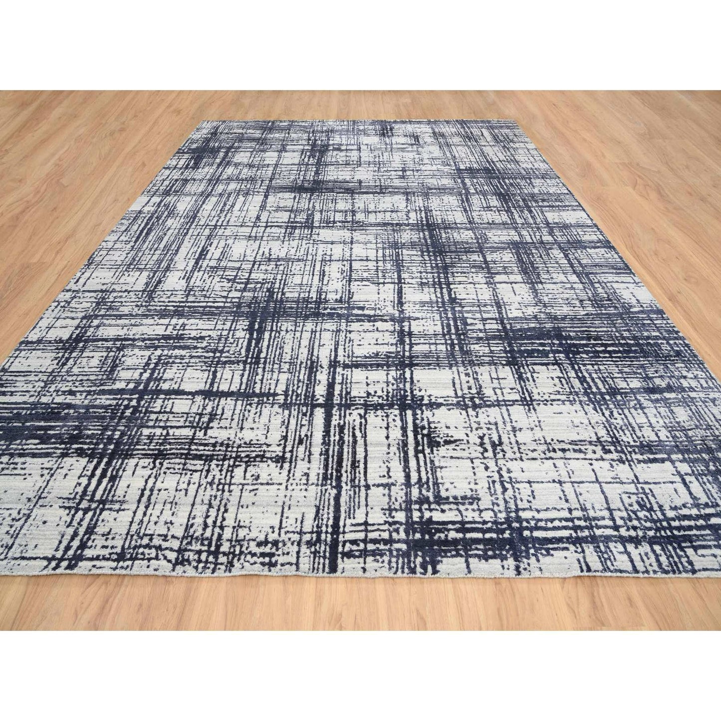 10'X13'9" Black Modern Erased Lines Design Wool And Silk Hand Loomed Rug