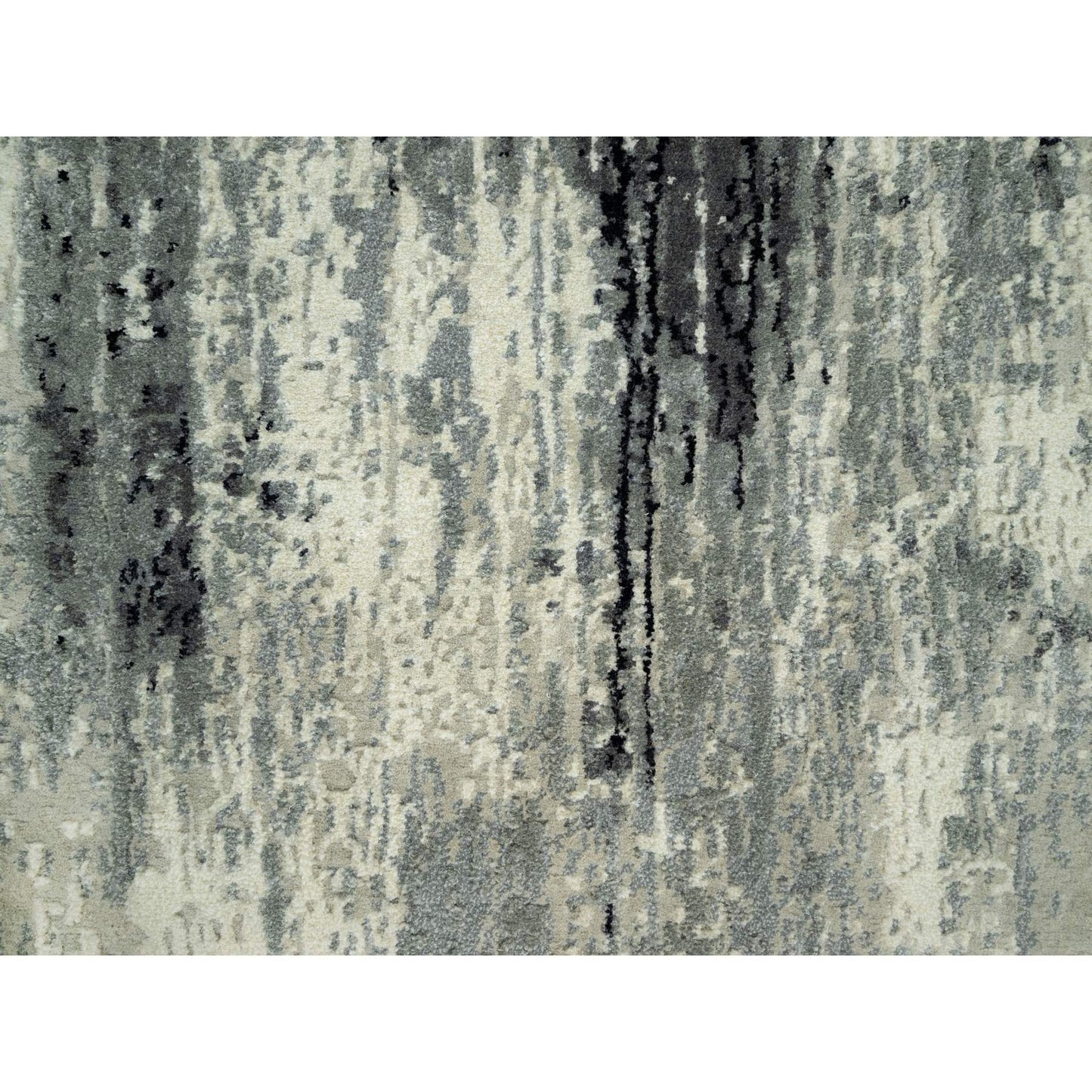 2'7"X10' Pitch Black Abstract Design Wool-Silk Hand Knotted Runner Rug
