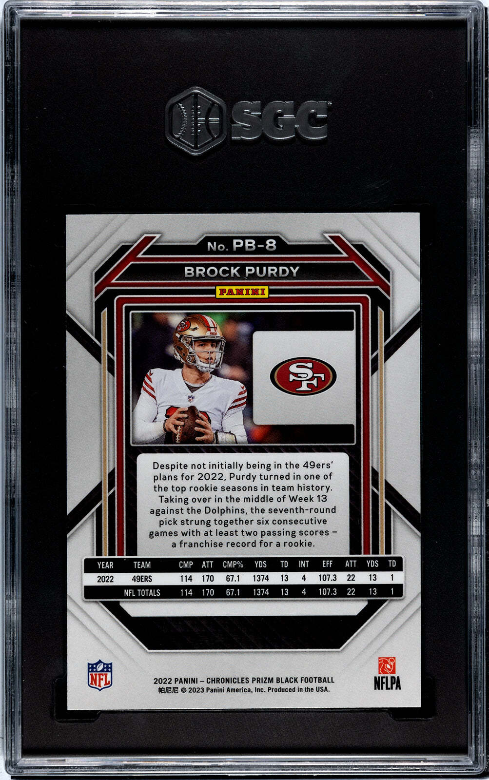 Brock Purdy 2022 Panini Prizm Black Rookie Card #Pb8 Sgc 9.5
