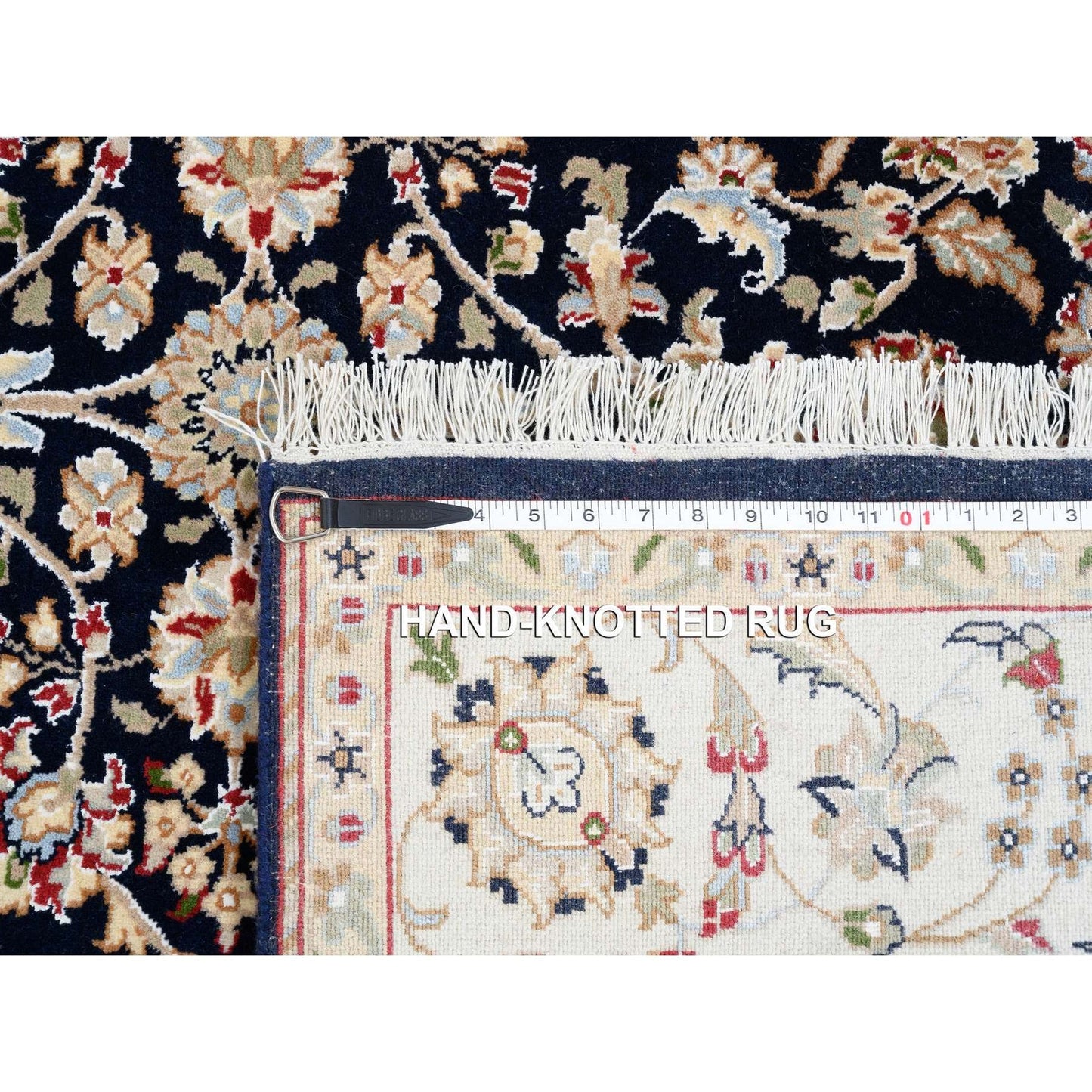 5'X5' Midnight Blue Hand Knotted Nain 250 Kpsi Pure Wool Square Rug