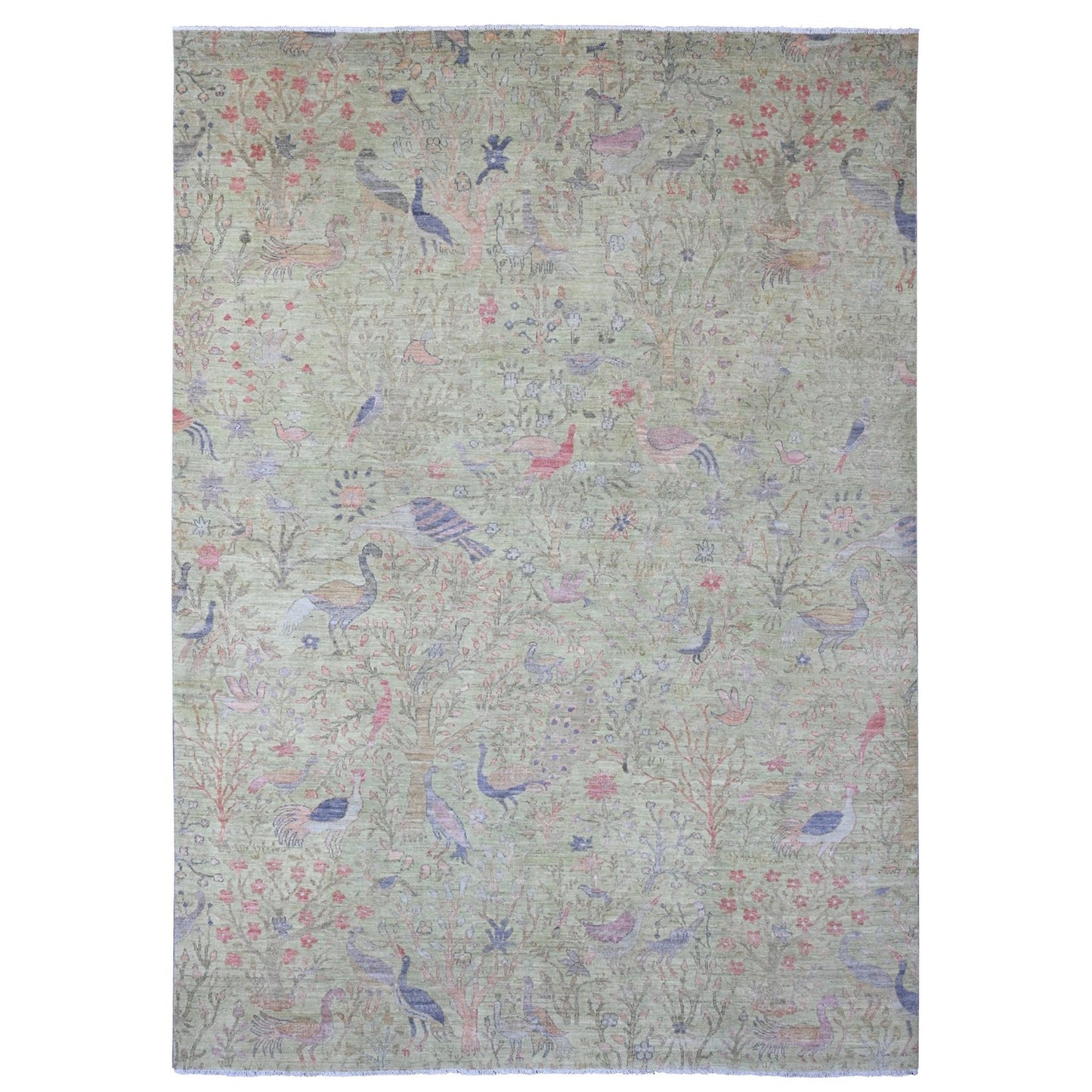 8'10"X12'3" Green Afghan Peshawar Birds Design Hand Knotted Soft Wool Rug