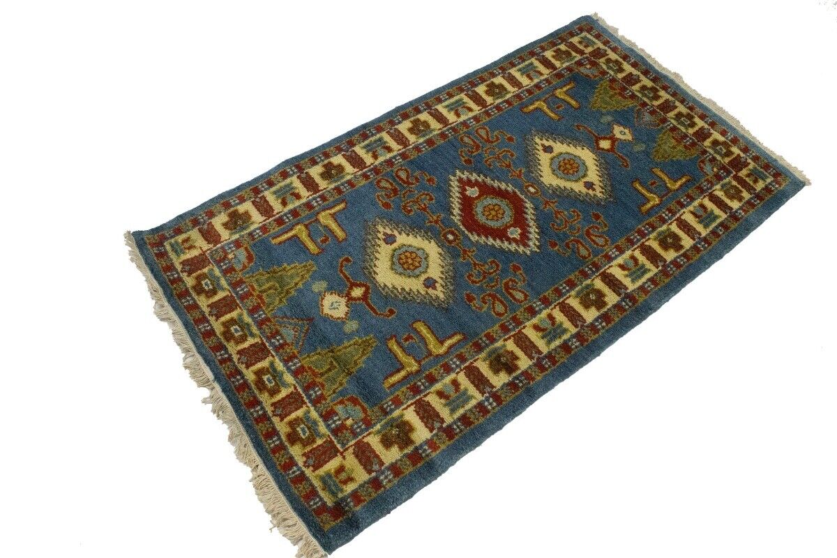 Kazak Oriental Rug Blue Geometric Tribal Style