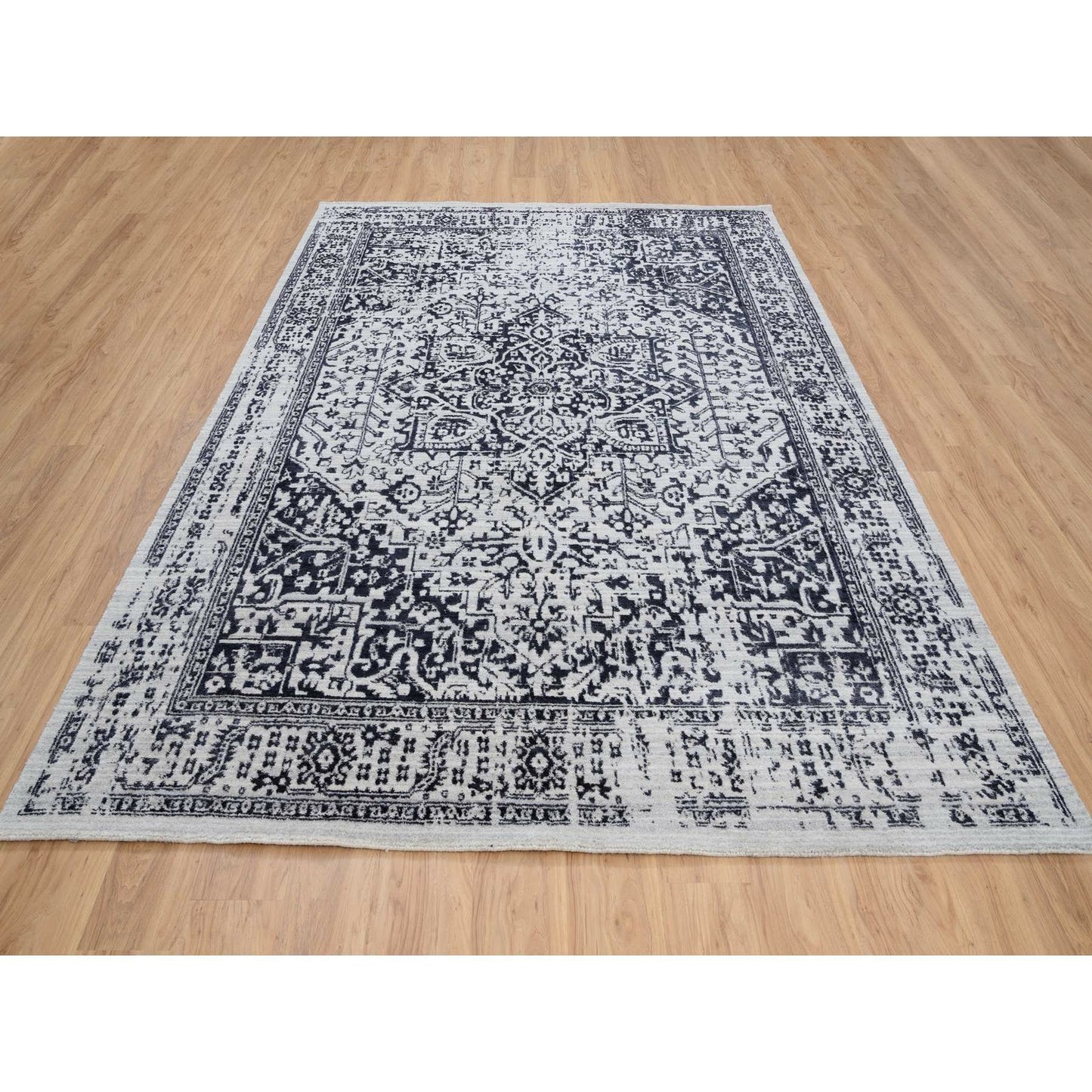 8'X10' Black Wool And Silk Hand Loomed Erased Serapi Heris Design Rug