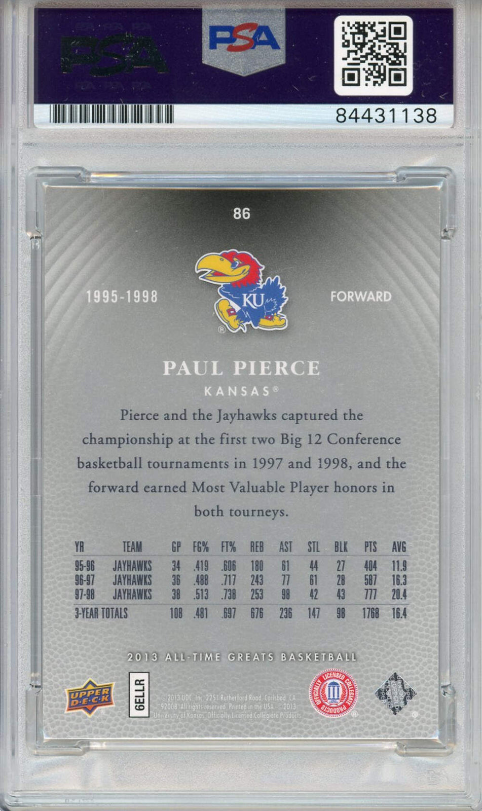 Paul Pierce "Hof 21" Autographed 2013 Upper Deck Card (Psa Mint 9)