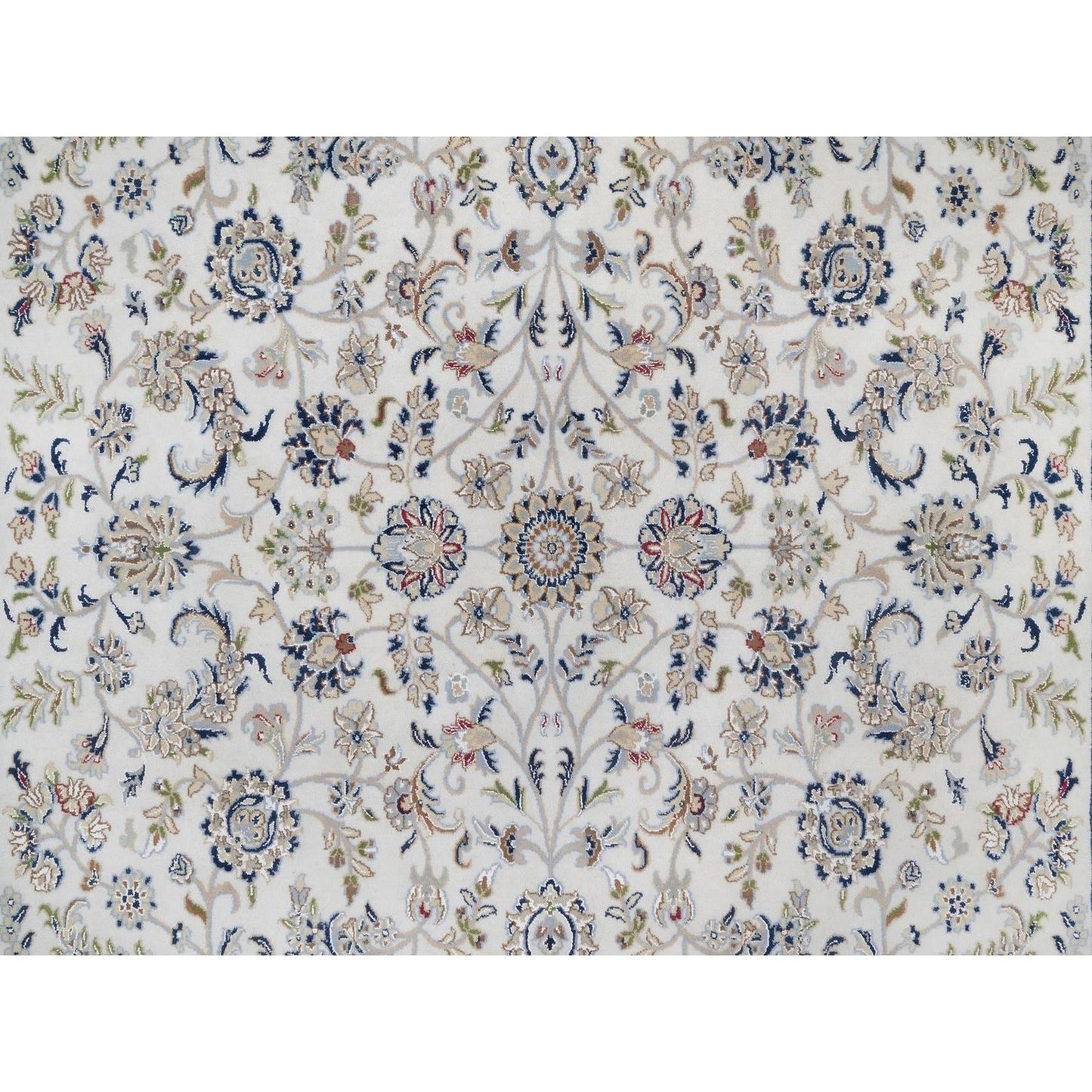 7'10"X10'3" Ivory Nain With Flower Pattern Wool And Silk Hand Knotted Rug