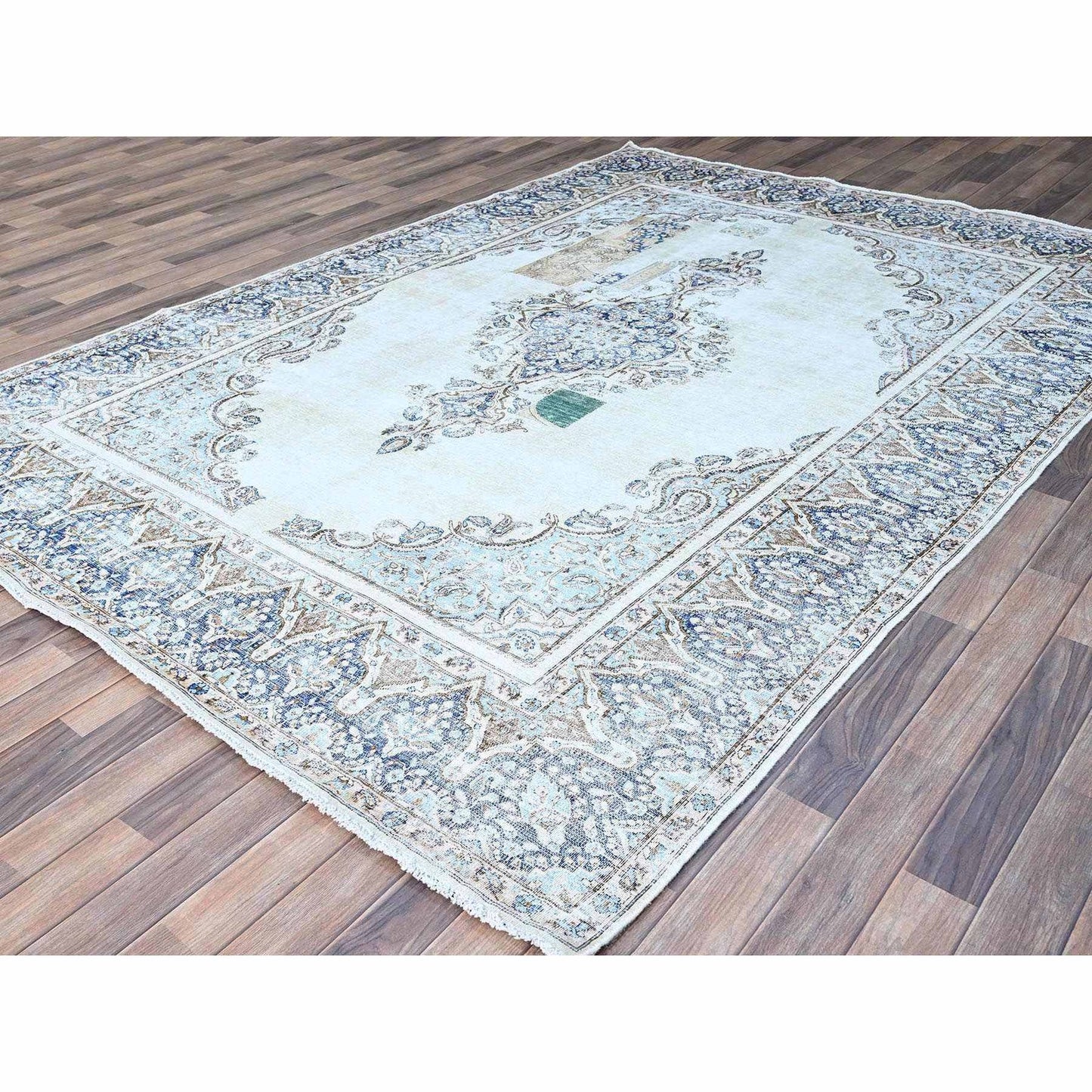 7'2"X10'1" Blue Vintage Zoroastrian Karman Worn Down Wool Hand Knotted Rug