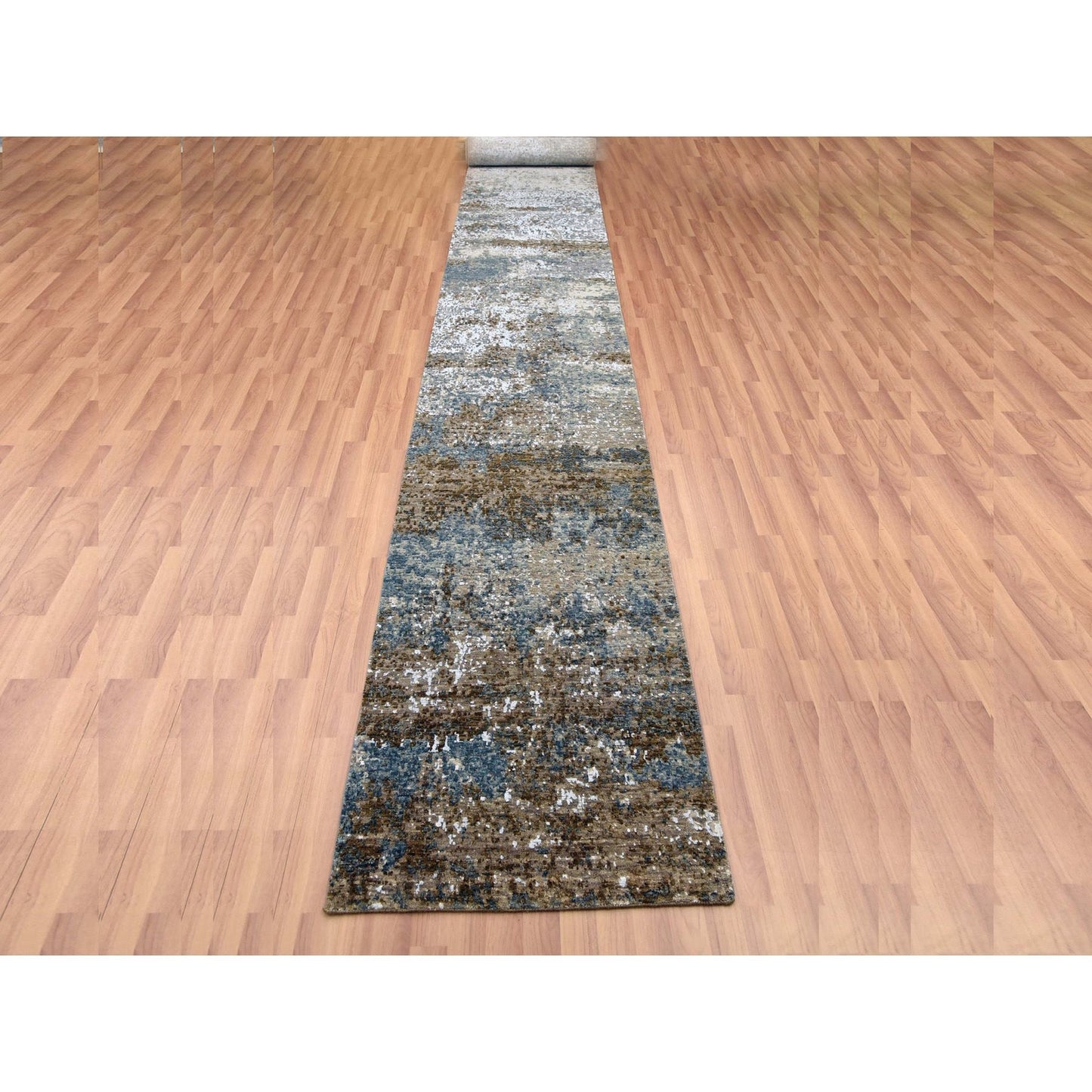 2'6"X20'3" Gray Hand Knotted Abstract Design Pure Wool Xl Runner Rug
