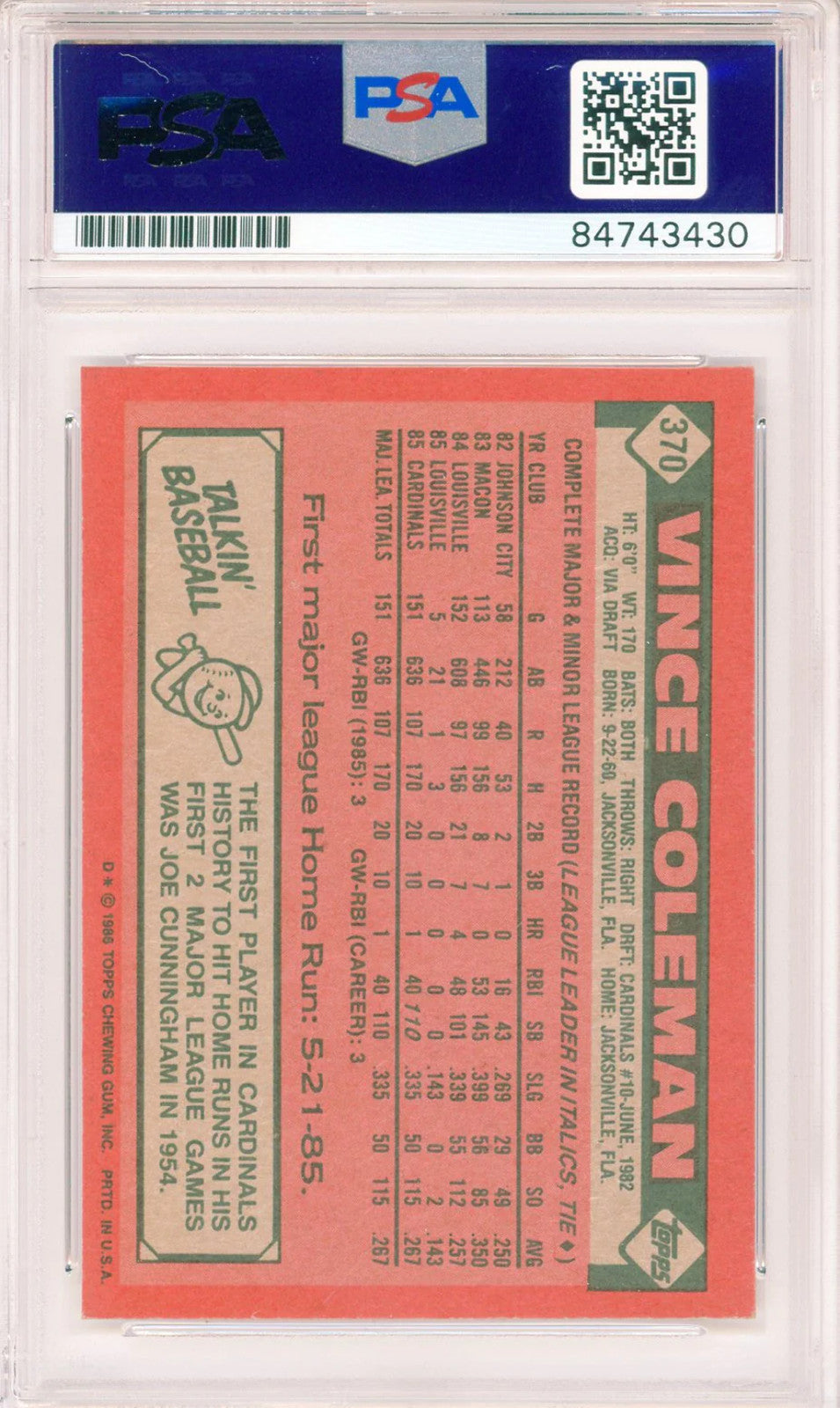 Vince Coleman 1986 Topps Rookie Card #370 (PSA)