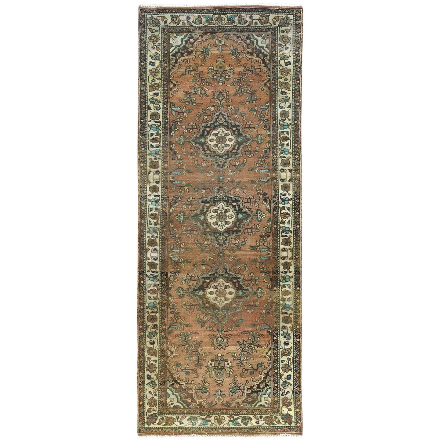 3'3"X9'8" Brown Old Farsian Amadan Hand Knotted Wool Worn Down Runner Rug