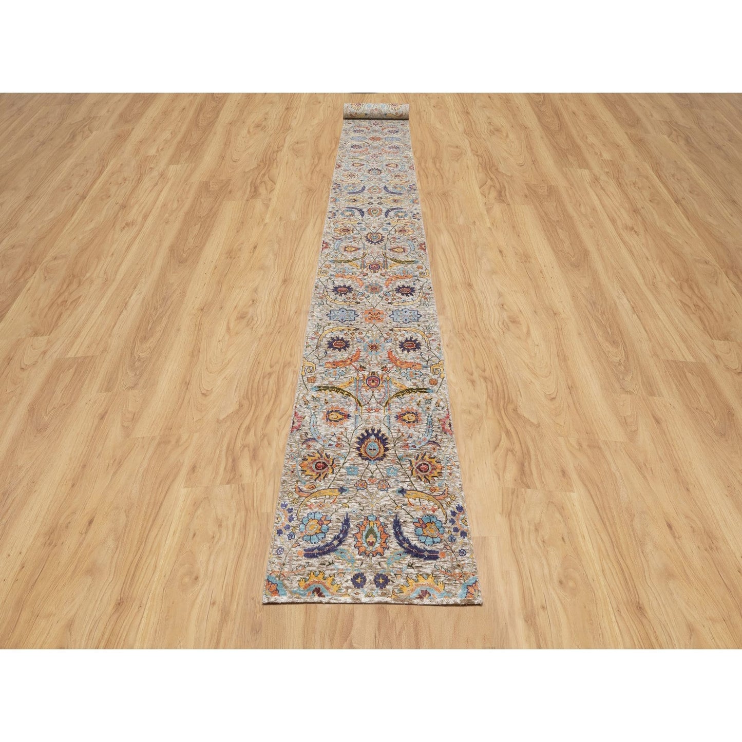 2'7"X23'10" White Sickle Leaf Hand Knotted Silk And Wool Xl Runner Rug