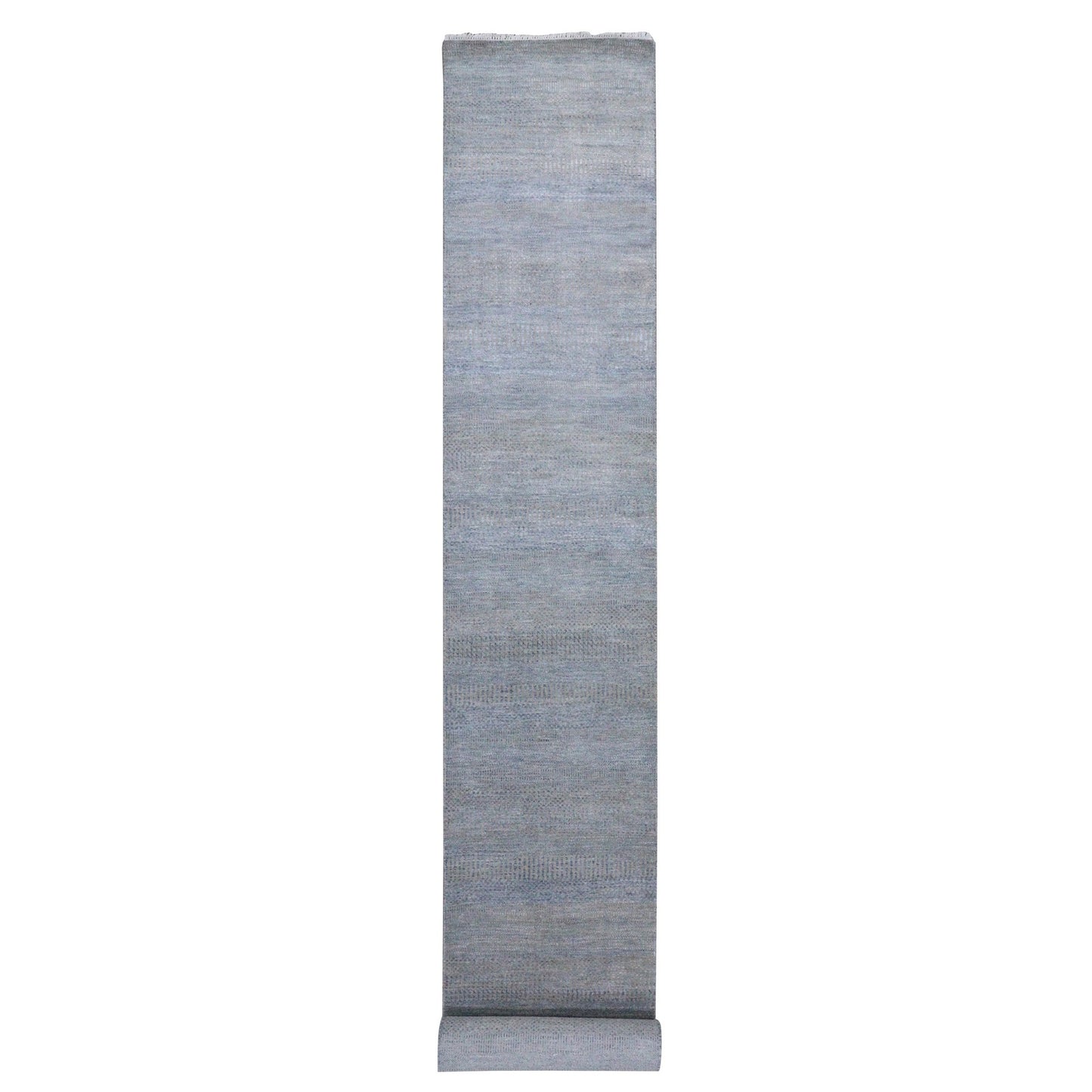 2'7"X15'5" Blue Modern Grass Design Wool And Silk Hand Knotted Runner Rug