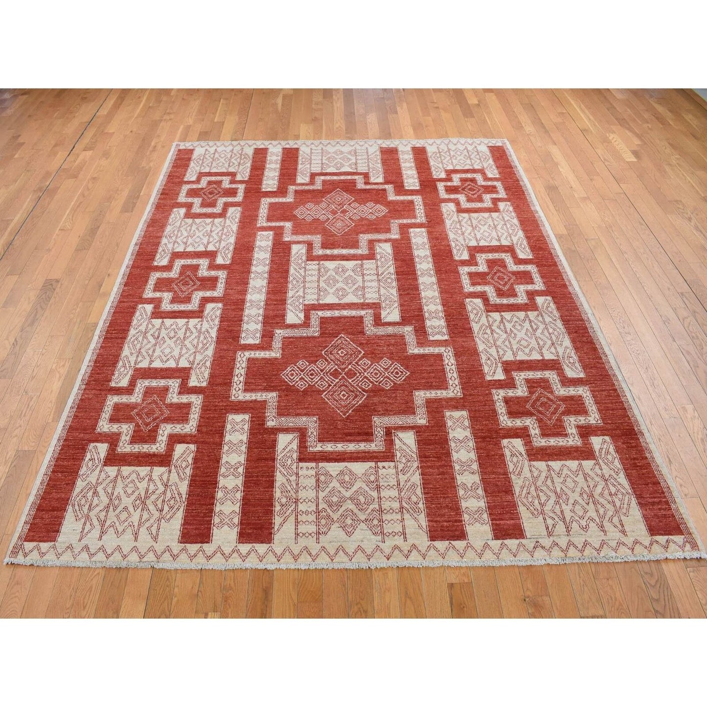 8'1"X10' Red Wool Hand Knotted Peshawar With Geometric Motifs Rug