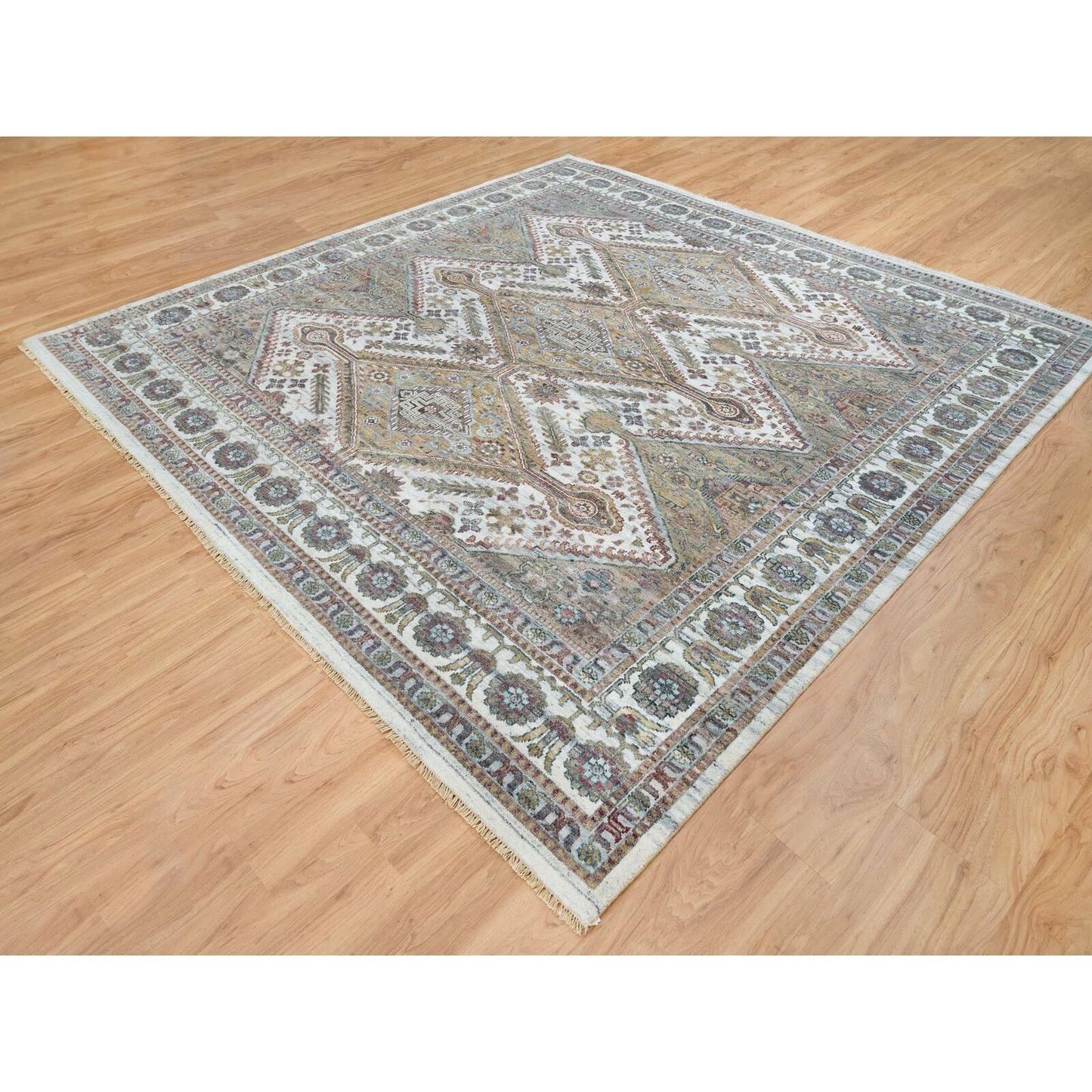 9'10"X10' Ivory Wool Hand Knotted Flower Rosettes Border Oriental Rug