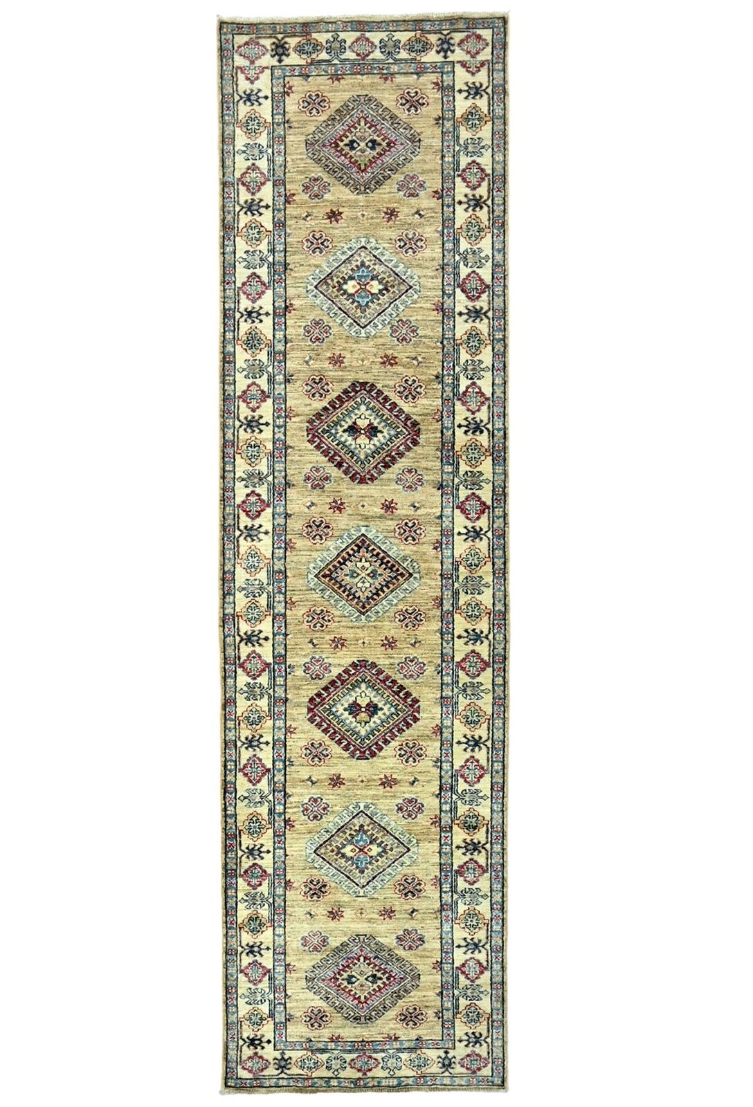 3X10 ft Beige Tribal Geometric Kazak Runner Wool
