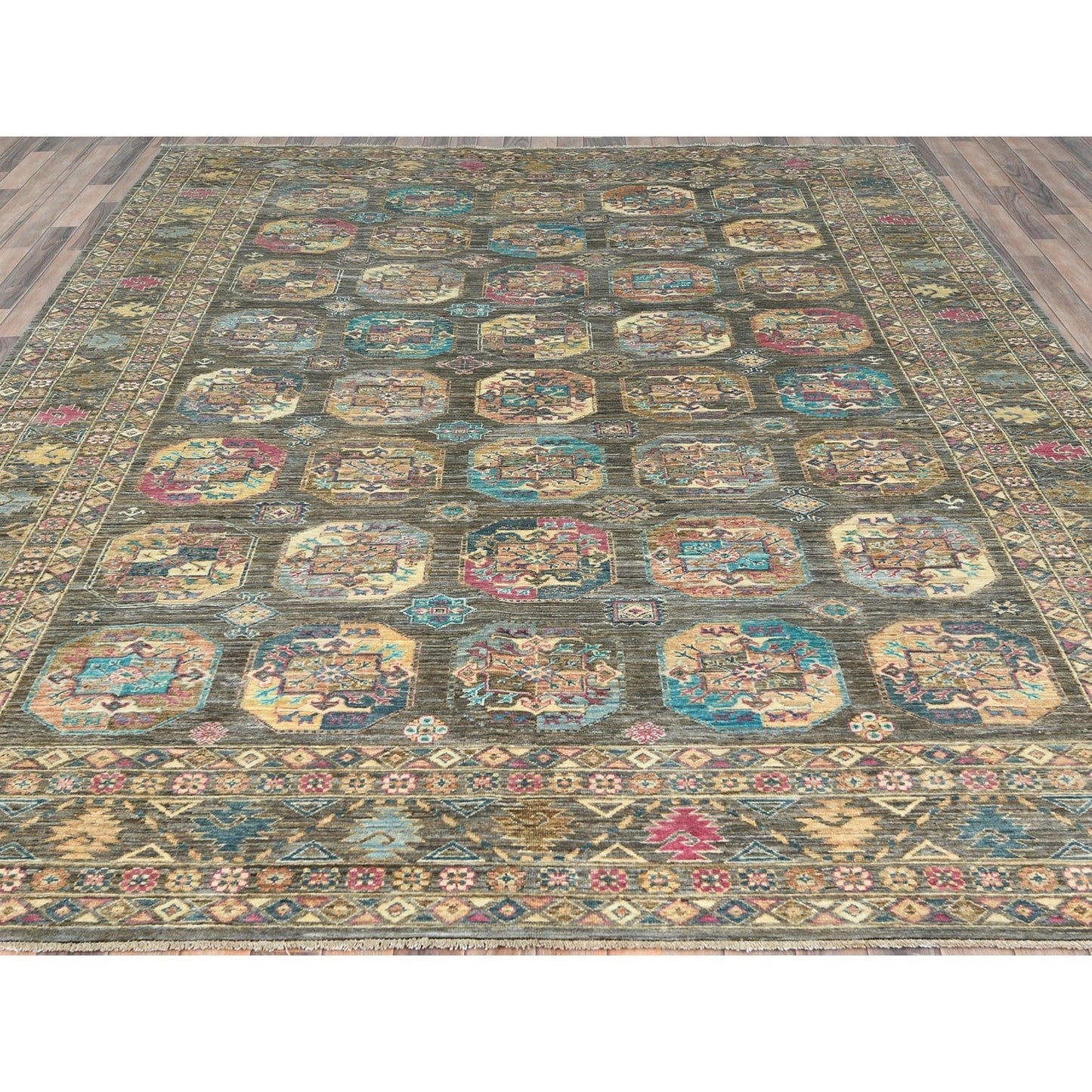 8'9"X11'7" Sage Green Hand Knotted Afghan Super Kazak Pure Wool Rug